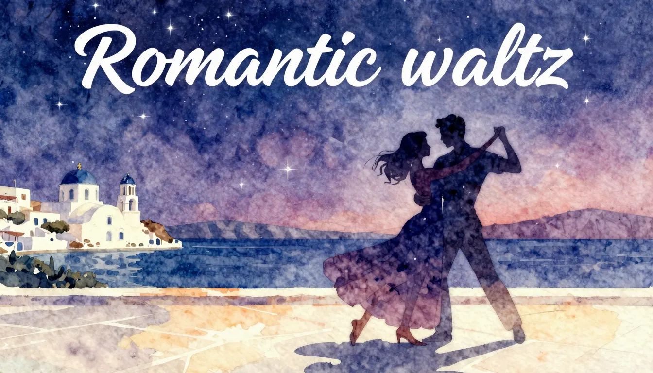 Vibrant watercolor style. "Romantic waltz album cover. A cou...