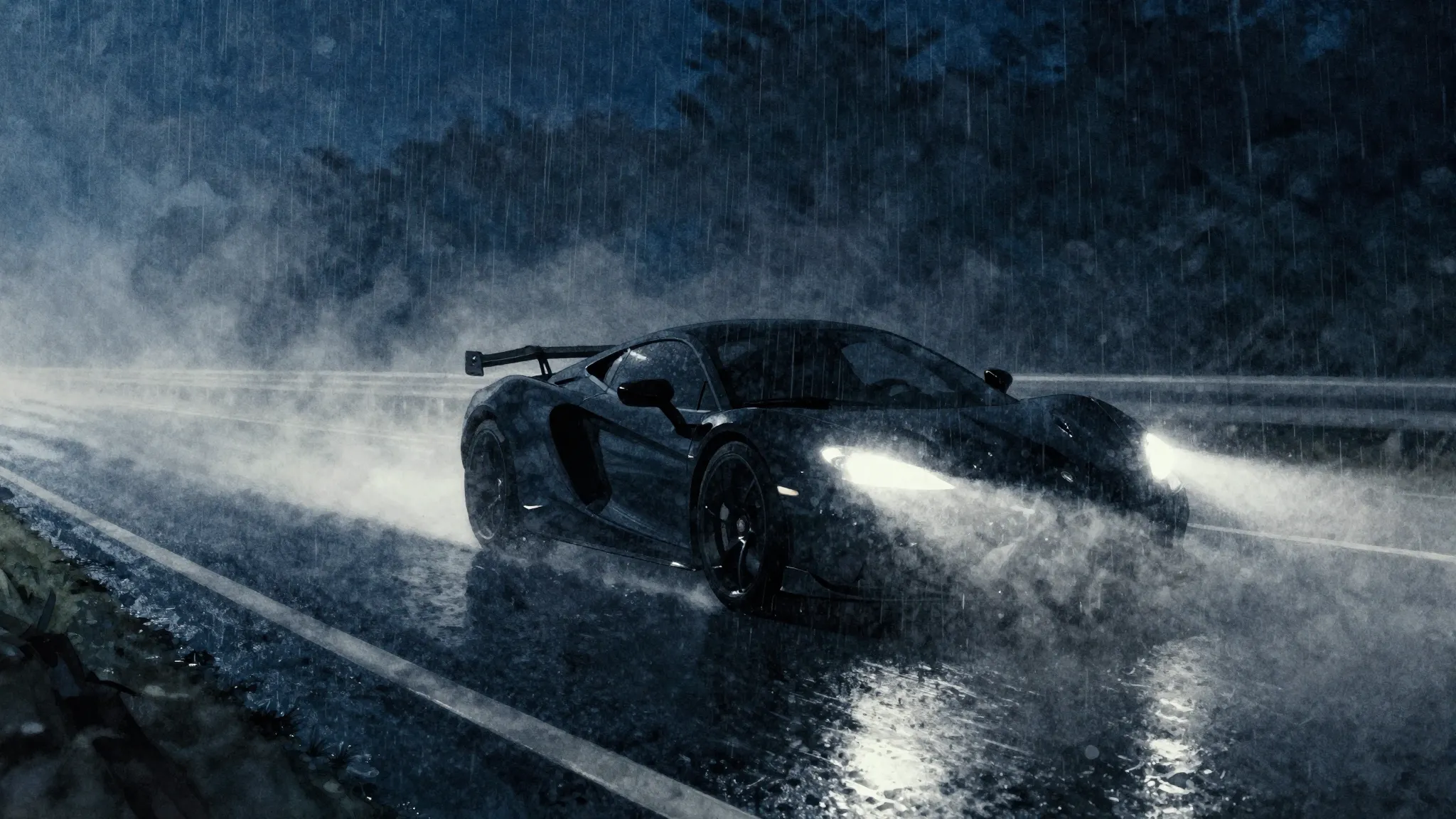 Watercolor style. A dark silhouette of a sports car speeding...