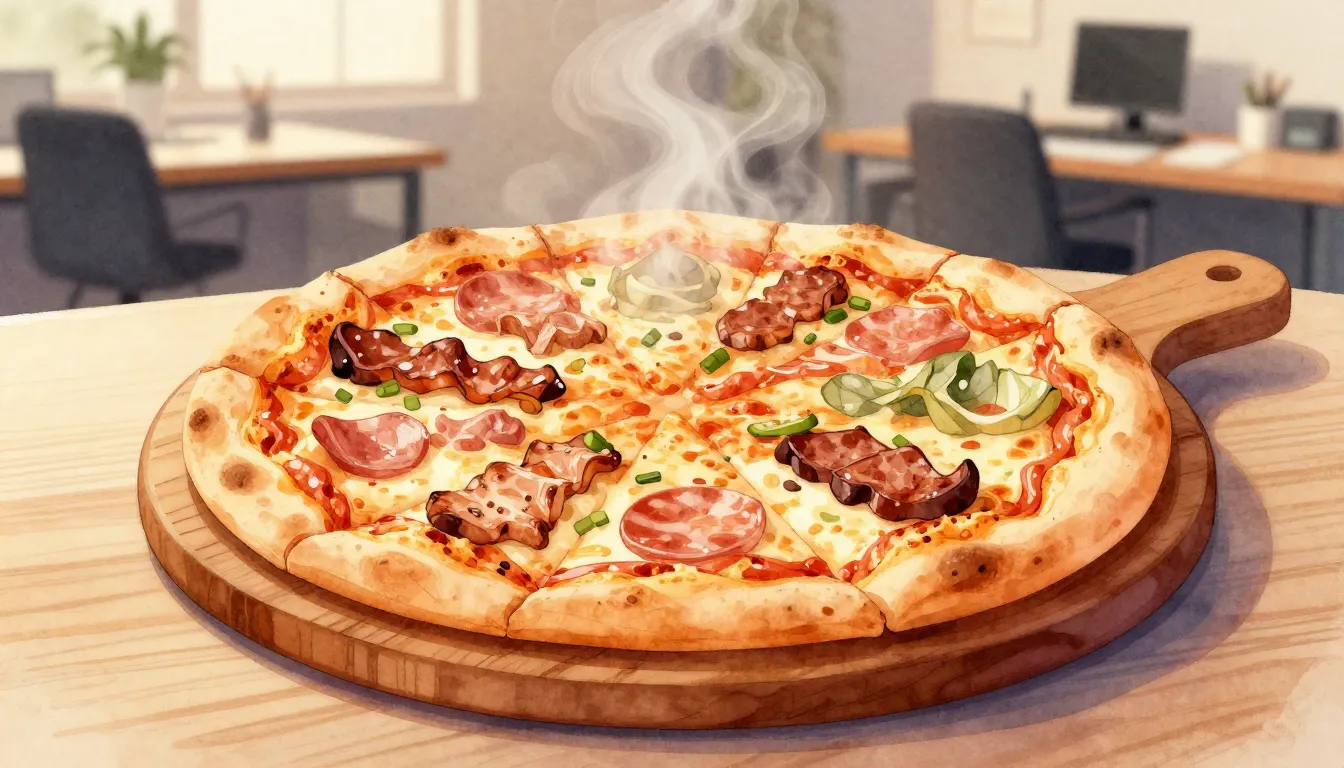 Watercolor style. A delicious, steaming hot pizza with vario...