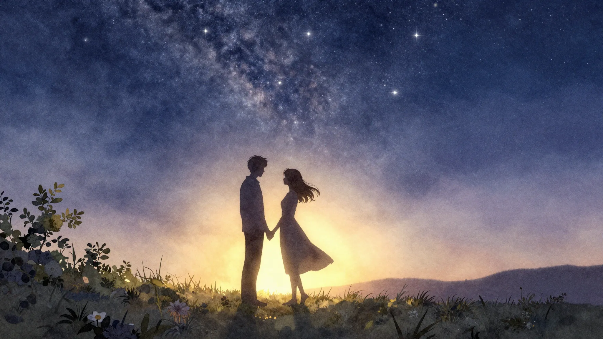 Watercolor style. A romantic silhouette of a couple standing...