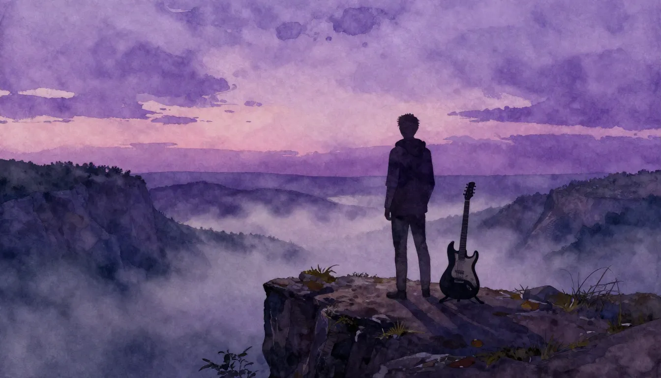 Watercolor style. A dark silhouette of a person standing on ...