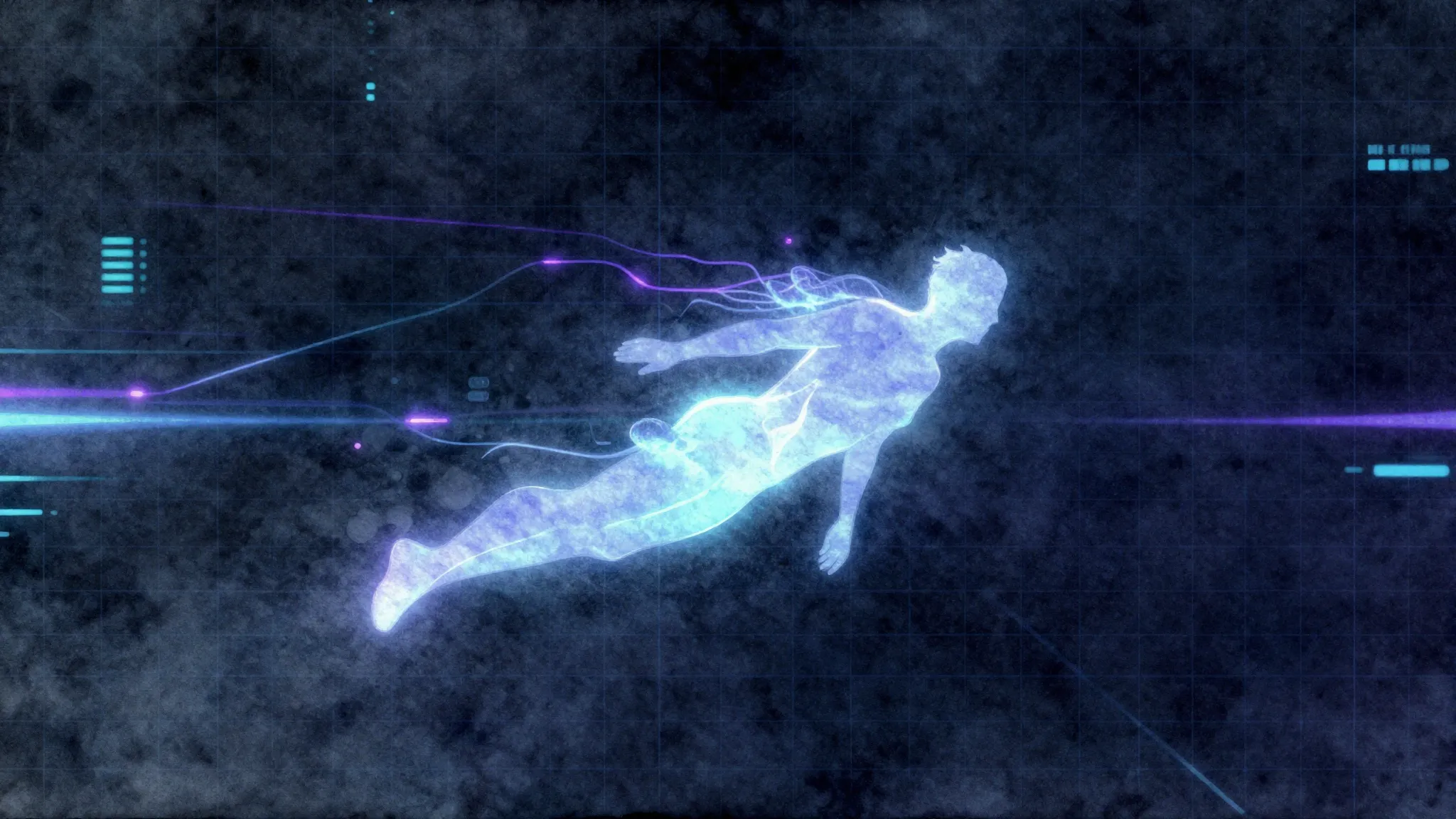 Watercolor style. A glowing silhouette of a figure flying th...