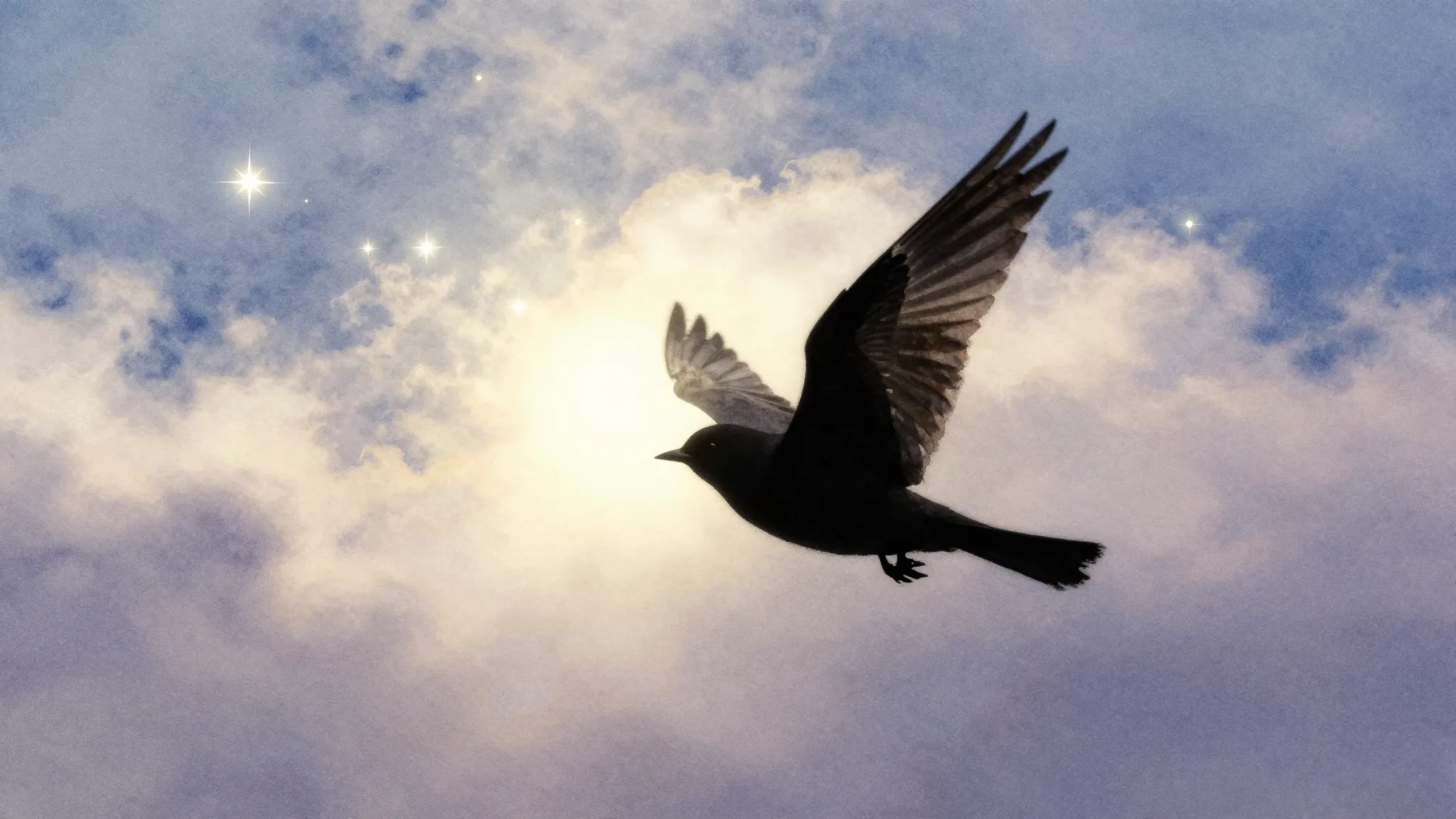 Watercolor style. A silhouette of a small bird flying toward...