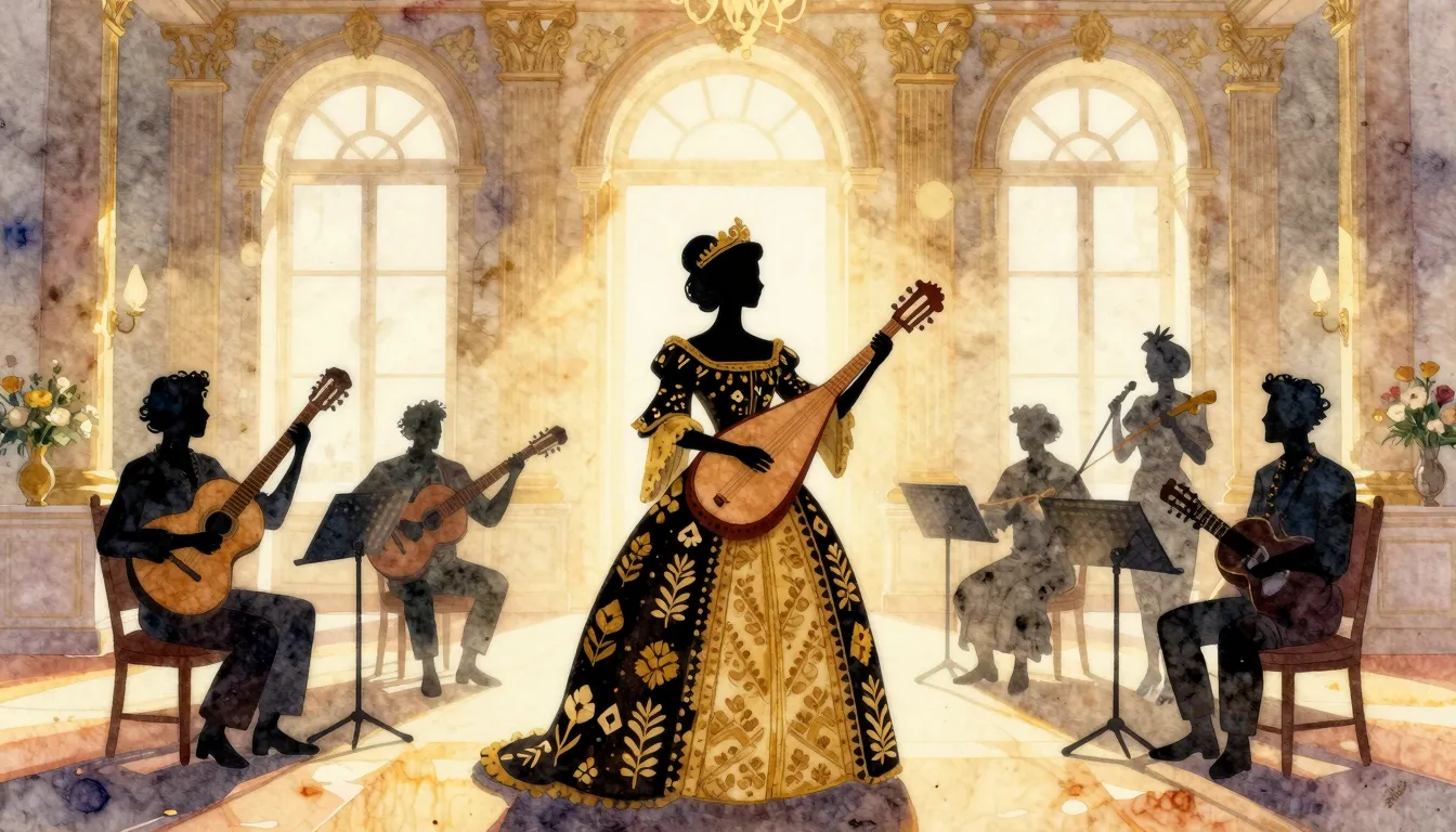 Watercolor style. Silhouette of a noble lady in a palace hal...