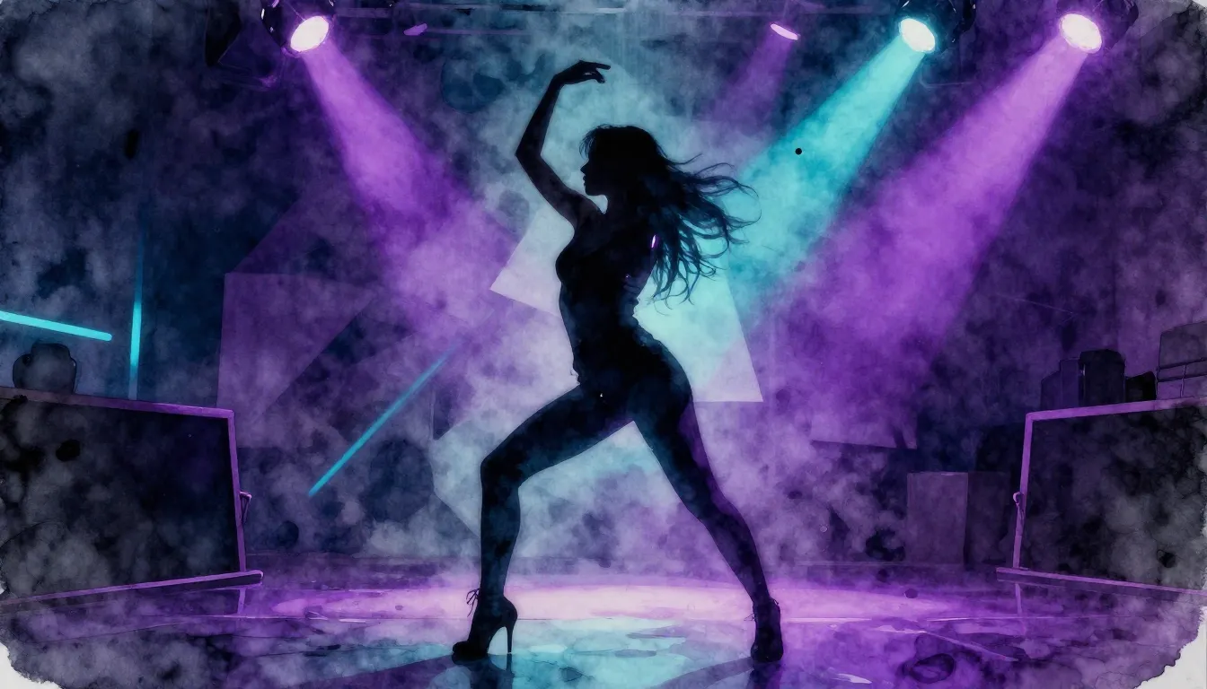 Watercolor style. Neon silhouette of a dancer in a dark club...