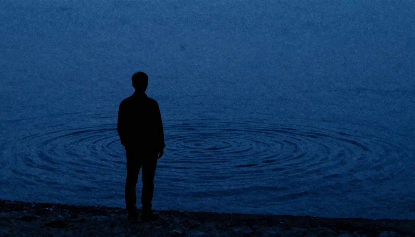 Watercolor style. A dark silhouette of a person standing on ...