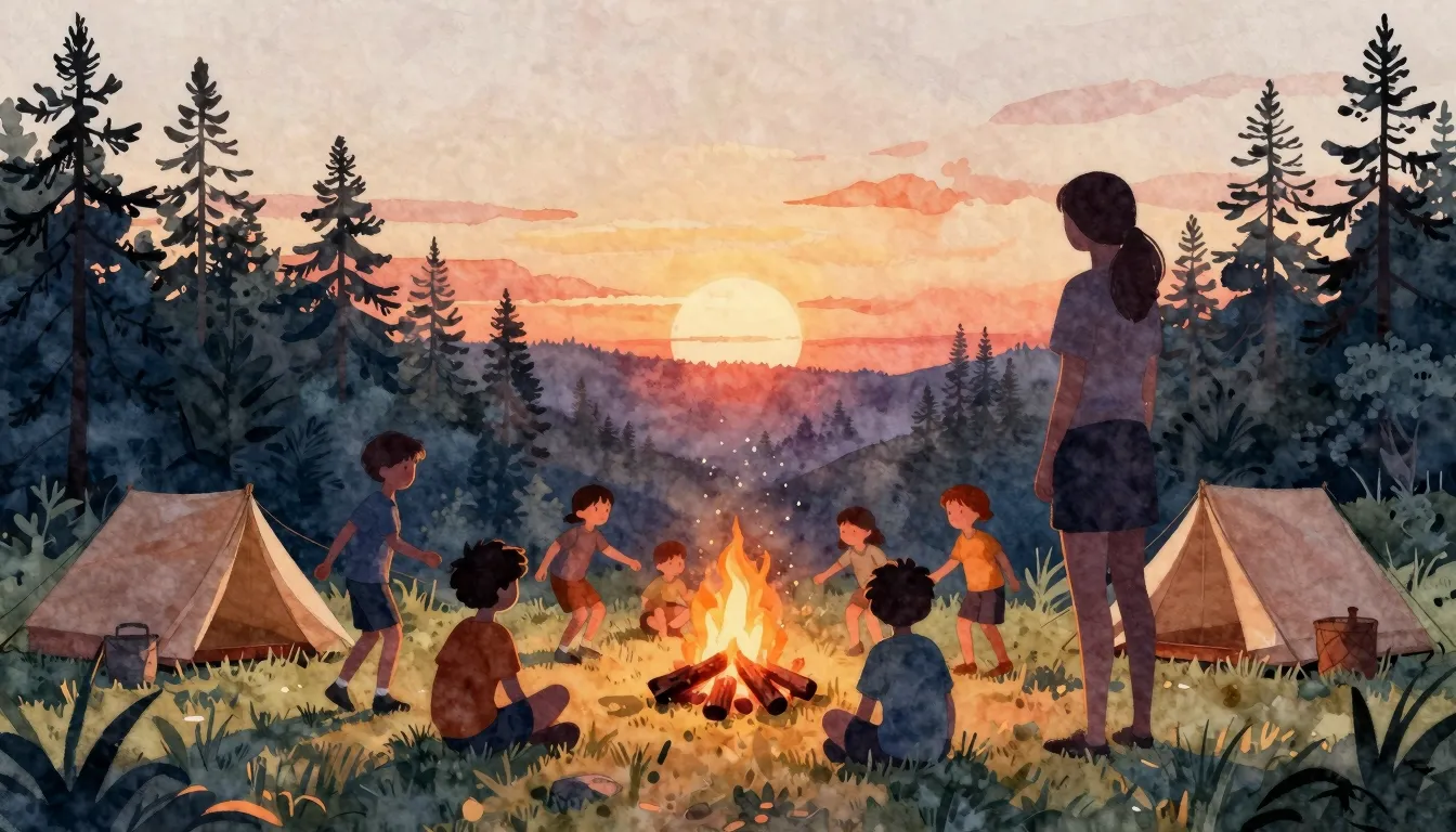 Watercolor style. Summer camp at sunset, silhouettes of chil...
