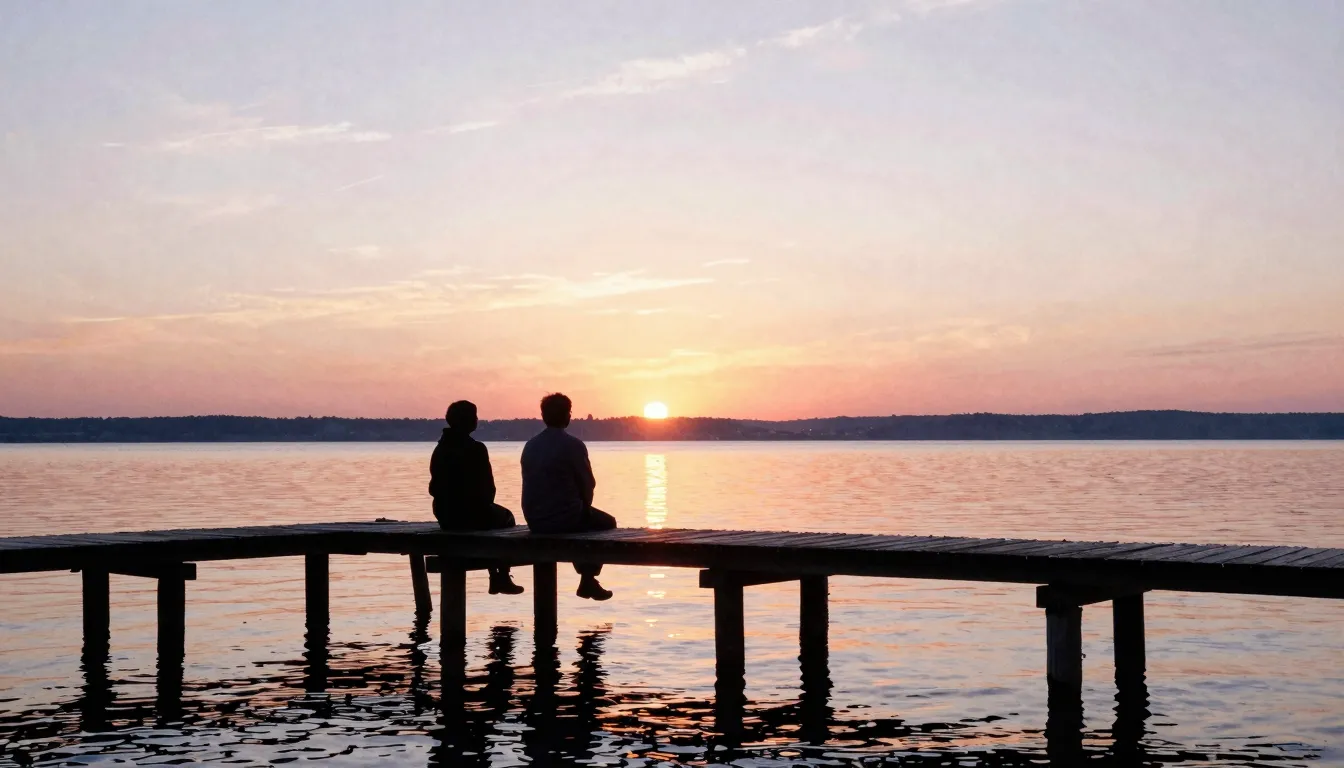 Watercolor style. A peaceful sunset over a calm lake, two da...