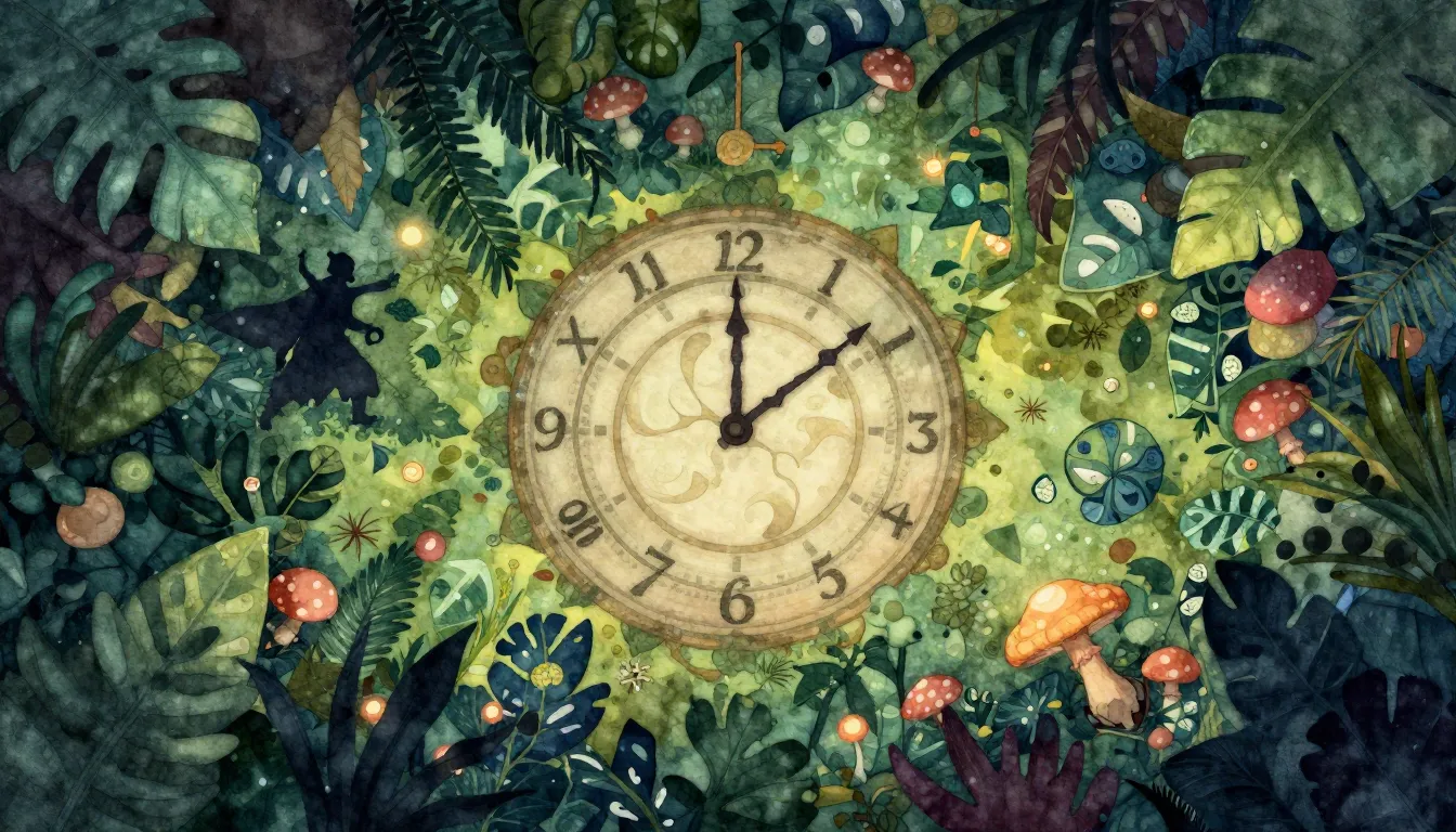 Watercolor style. Top-down view of a magical jungle, dense f...