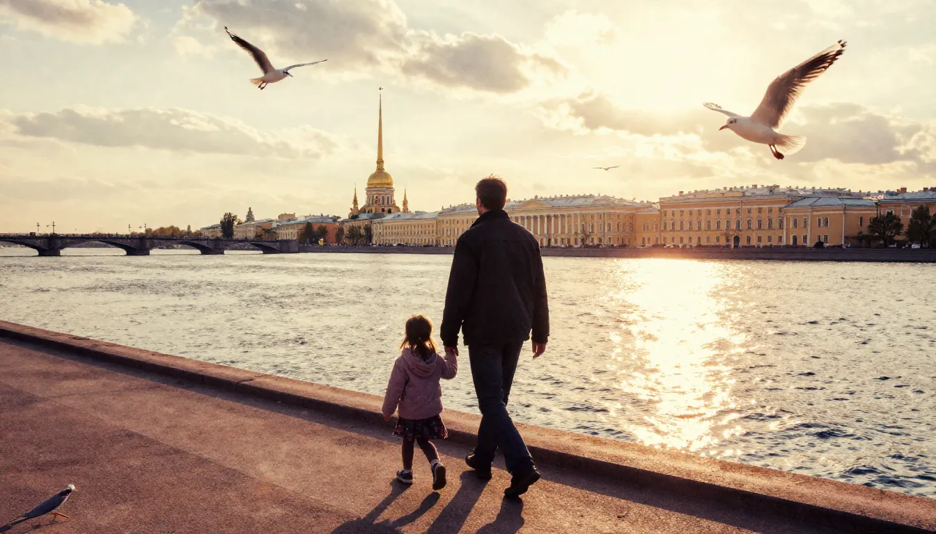 Watercolor style. A silhouette of a father and daughter walk...