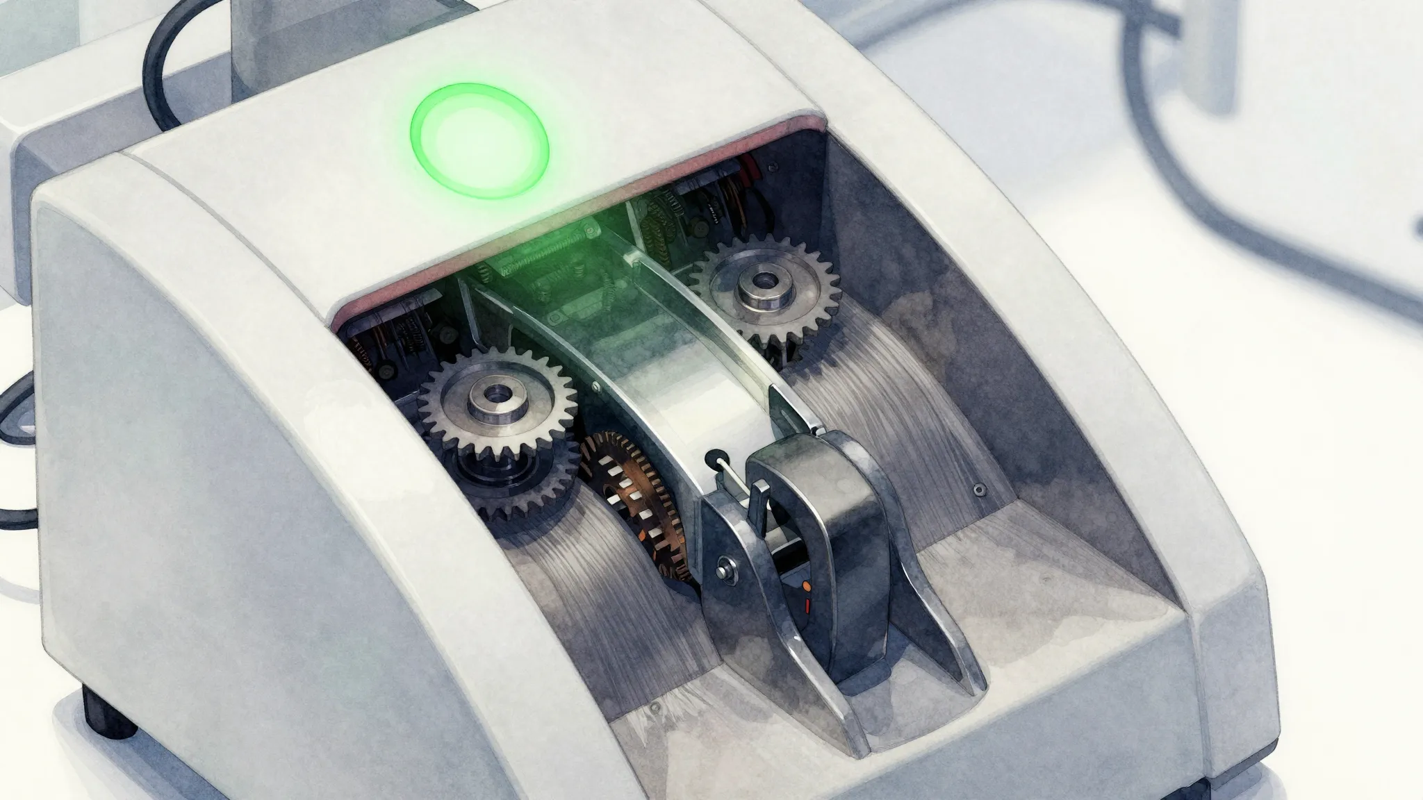 Watercolor style. Close-up of a high-tech bill acceptor mech...