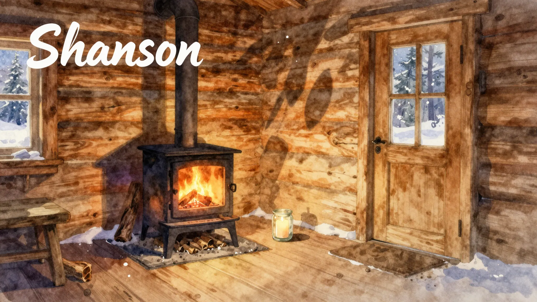 Vibrant watercolor style. Shanson album cover: Cozy log cabi...