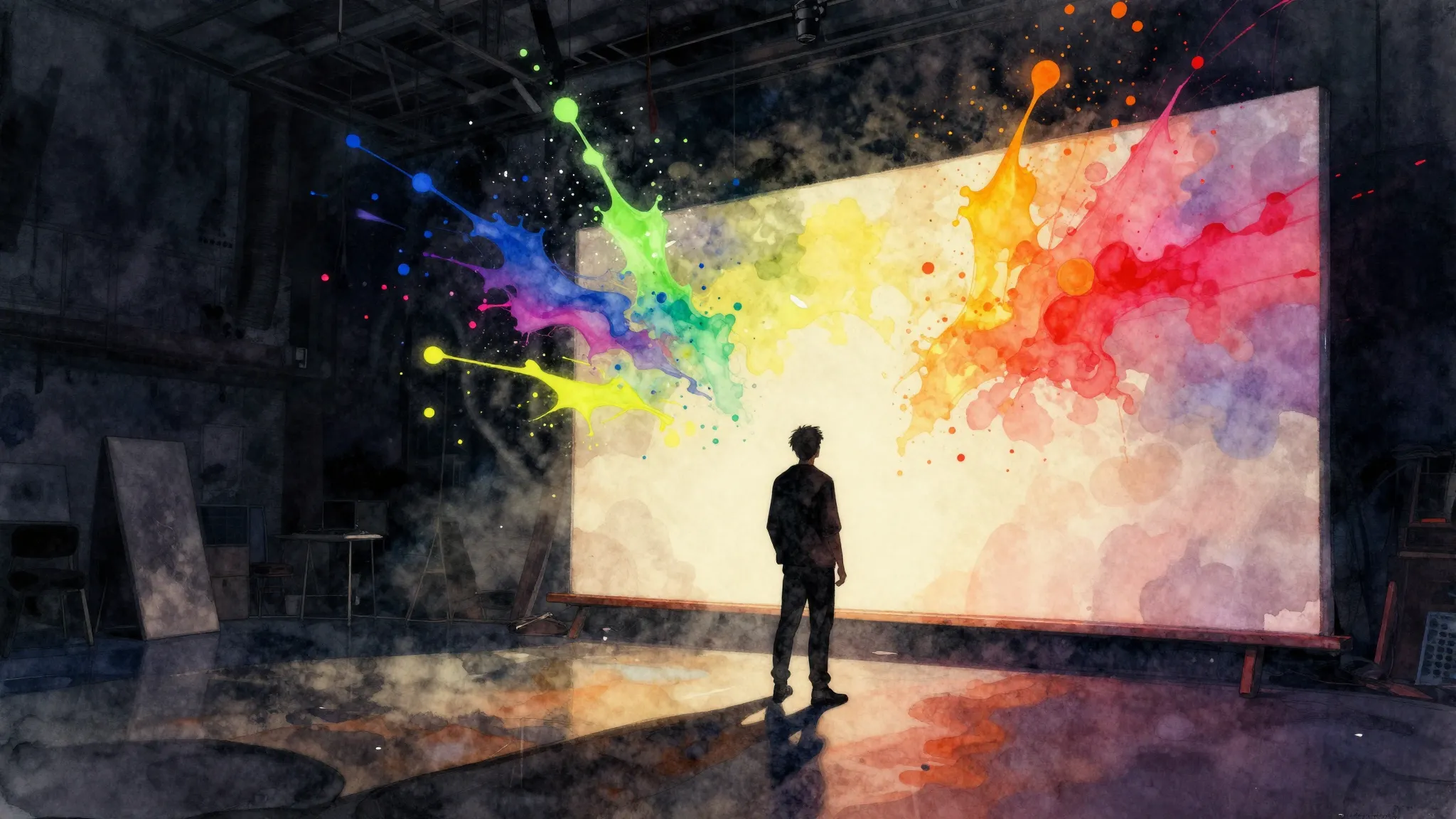 Watercolor style. A dark studio with a silhouette of a perso...