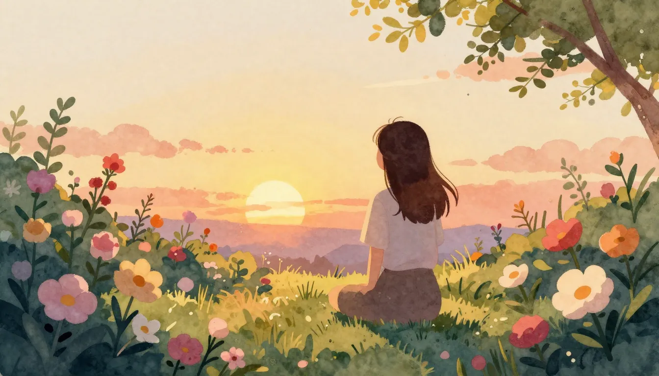 Watercolor style. A peaceful garden scene at sunset, a silho...