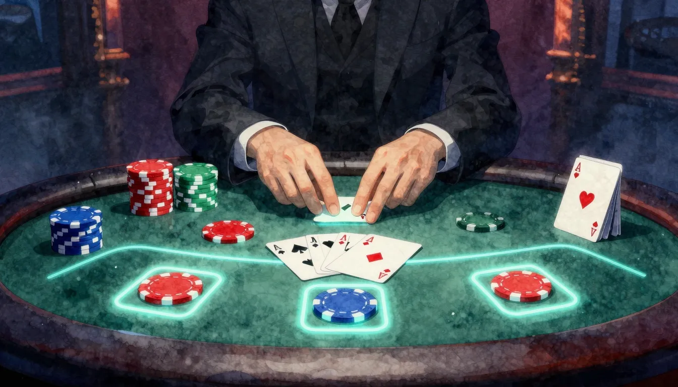 Watercolor style. A stylized poker table with glowing neon c...