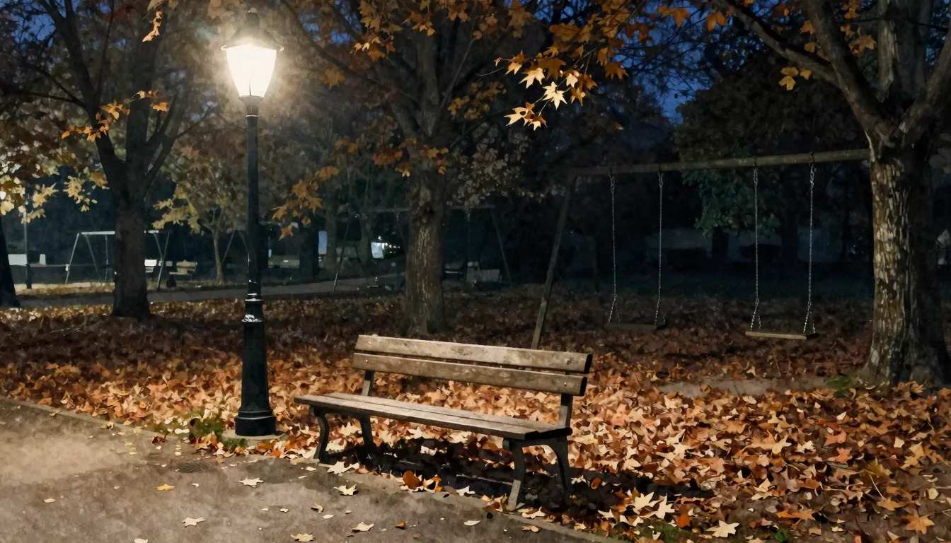 Watercolor style. A lonely wooden bench under a dim streetla...