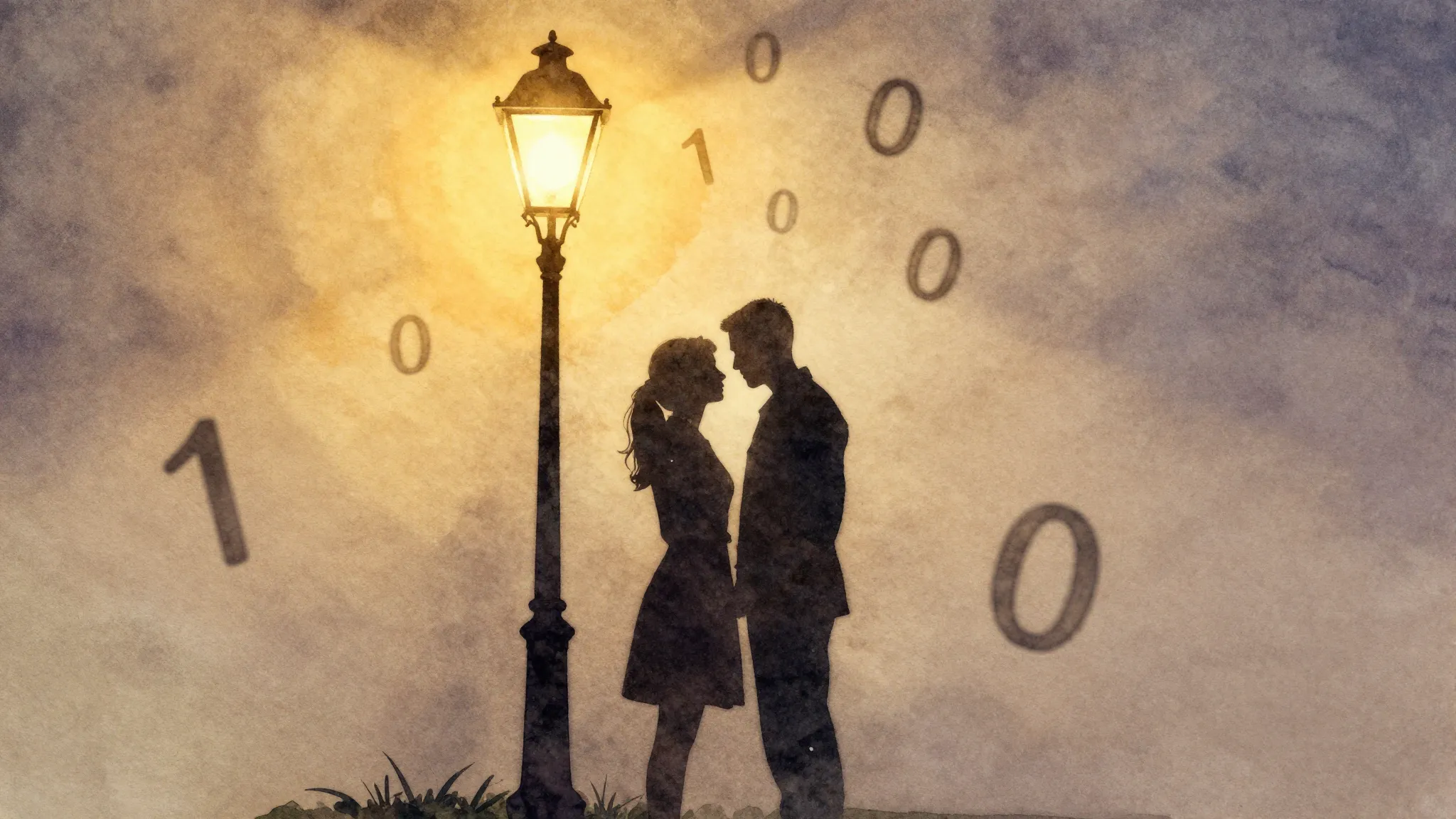 Watercolor style. A romantic silhouette of two lovers under ...