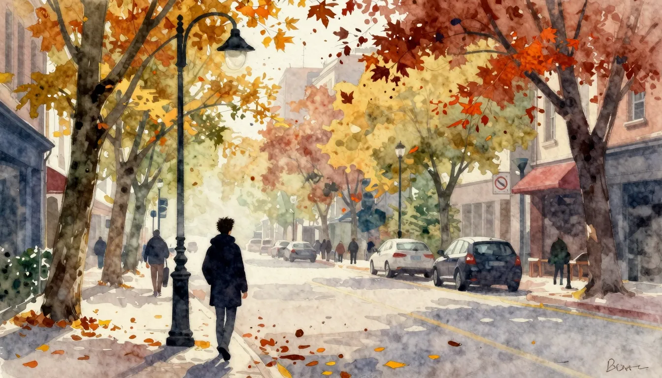 Vibrant watercolor style. Autumn street vibe, silhouette of ...