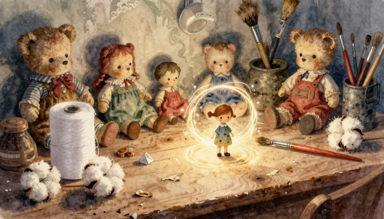 Watercolor style. A cozy workshop table with vintage cotton ...