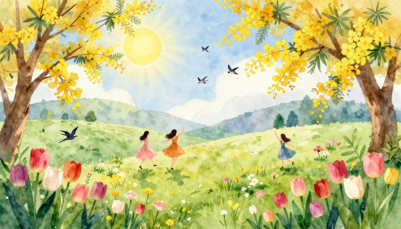 Watercolor style. Bright spring landscape, blooming flowers,...
