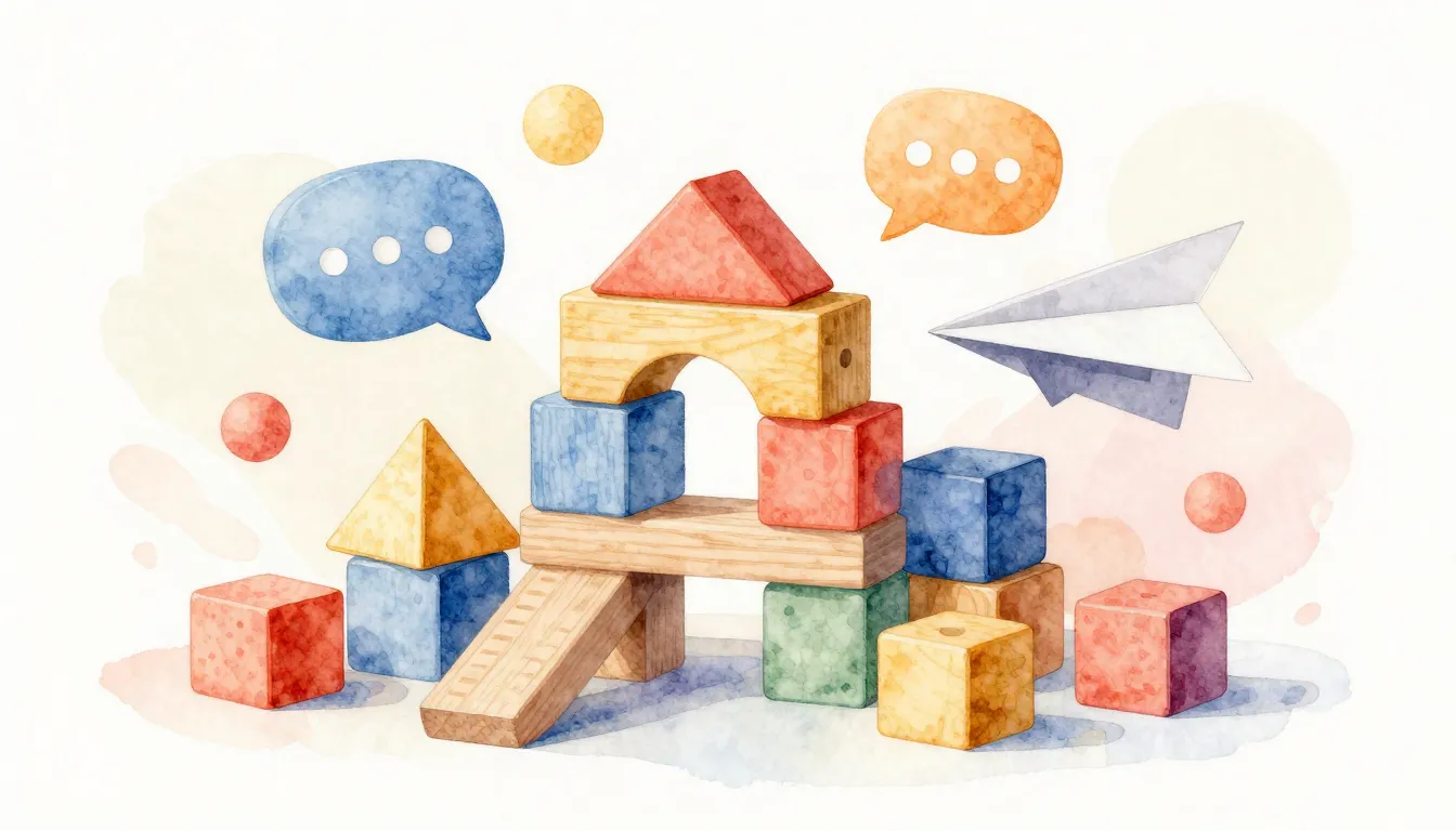 Watercolor style. A colorful 3D composition of wooden toy bl...