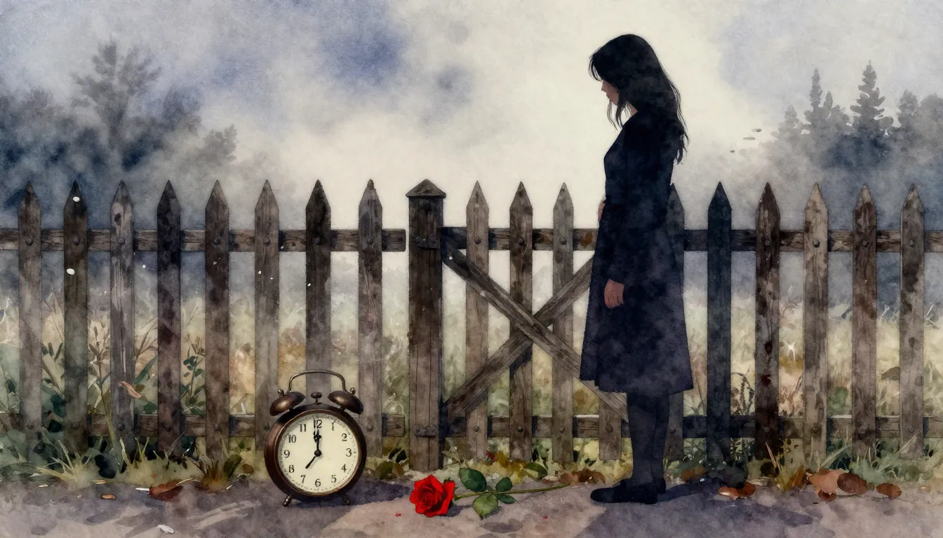 Watercolor style. A silhouette of a young woman standing nea...