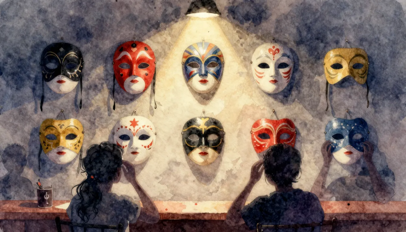 Watercolor style. A theatrical dressing room with ten differ...