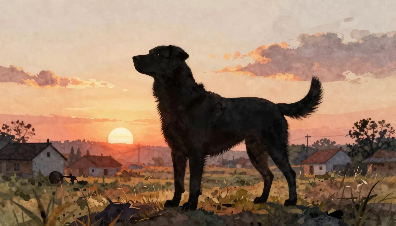 Watercolor style. A silhouette of a large dog standing heroi...