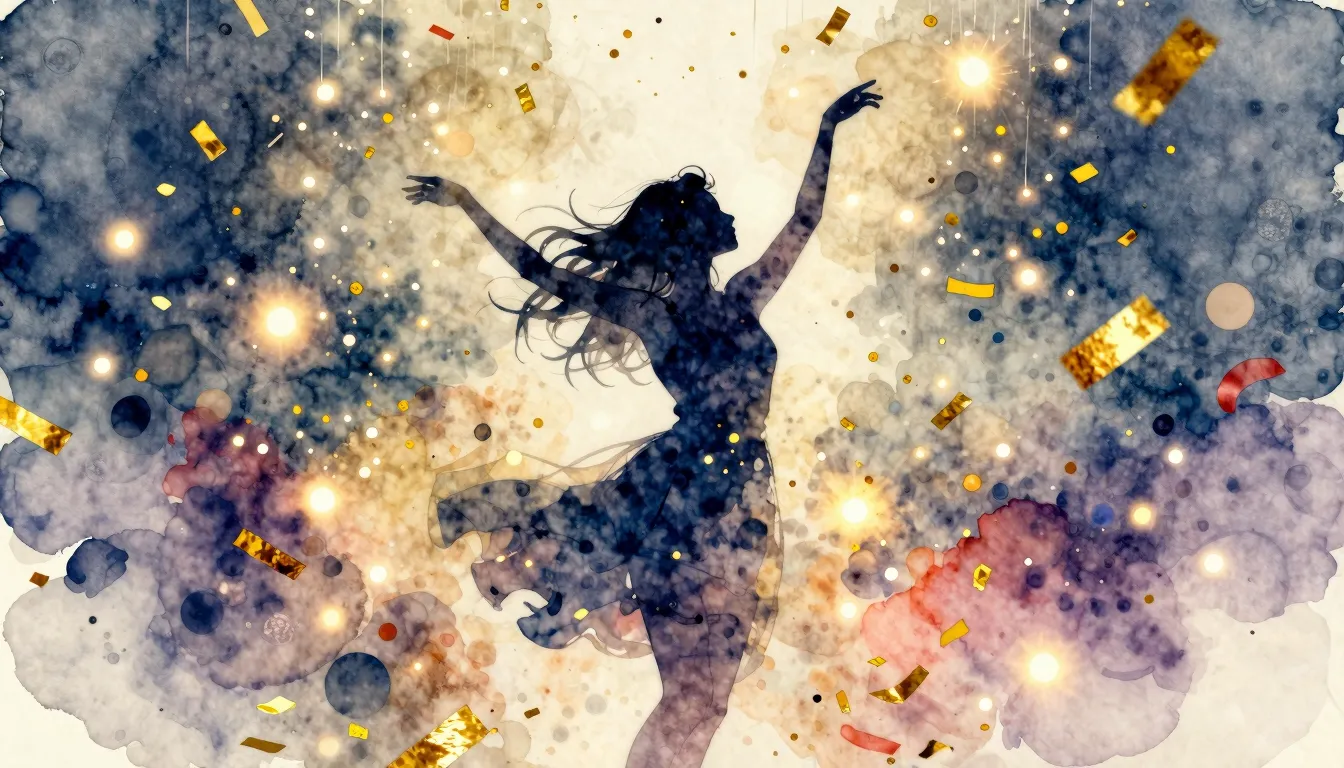 Watercolor style. A silhouette of a young woman dancing unde...