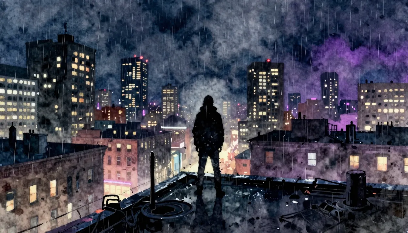 Vibrant watercolor style. A dark, gritty hip-hop album cover...