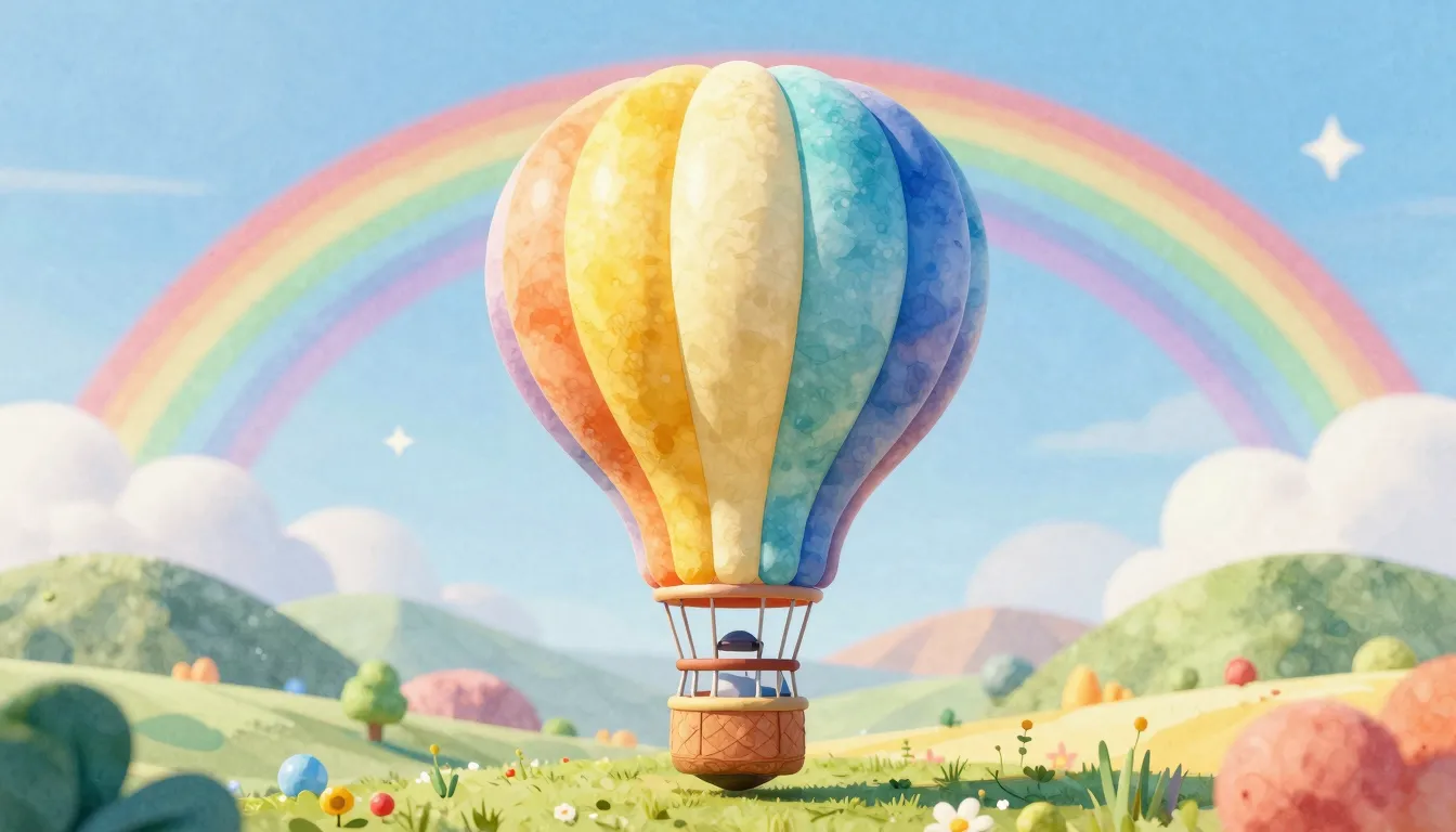 Watercolor style. A bright hot air balloon shaped like a lig...