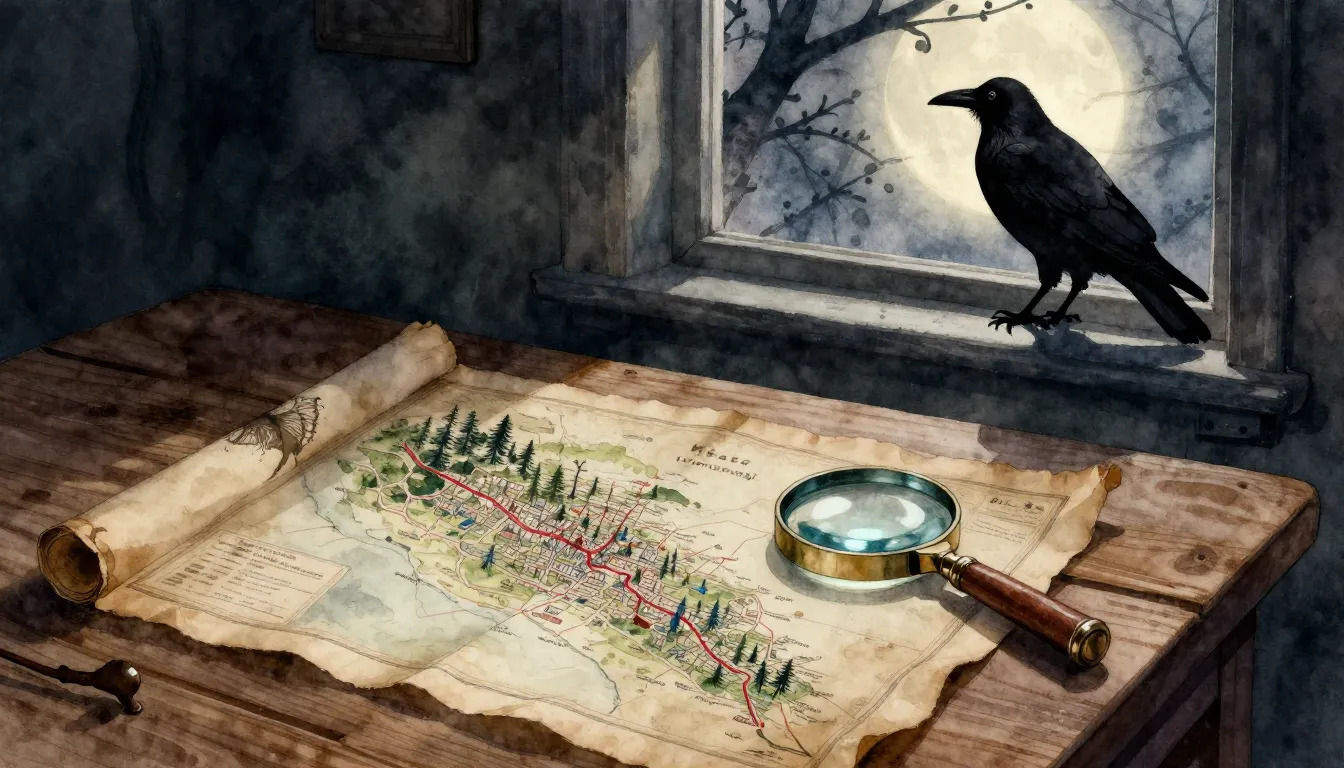 Watercolor style. A wooden table in a dark room, an old map ...
