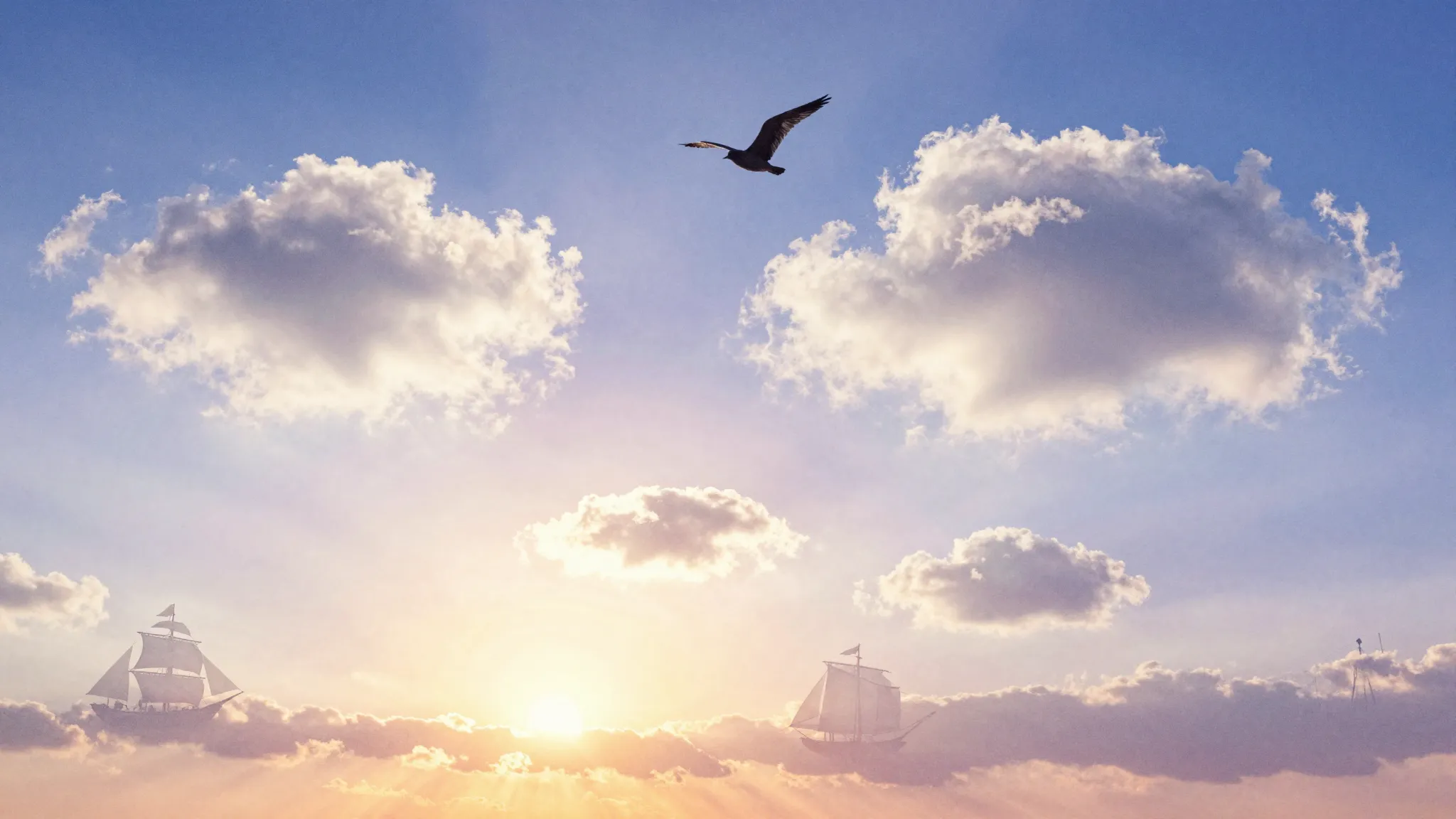 Watercolor style. A serene sky at dawn, filled with soft, fl...