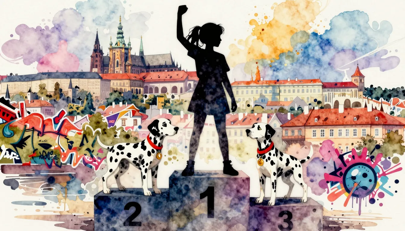 Watercolor style. Silhouette of a young girl and a Dalmatian...