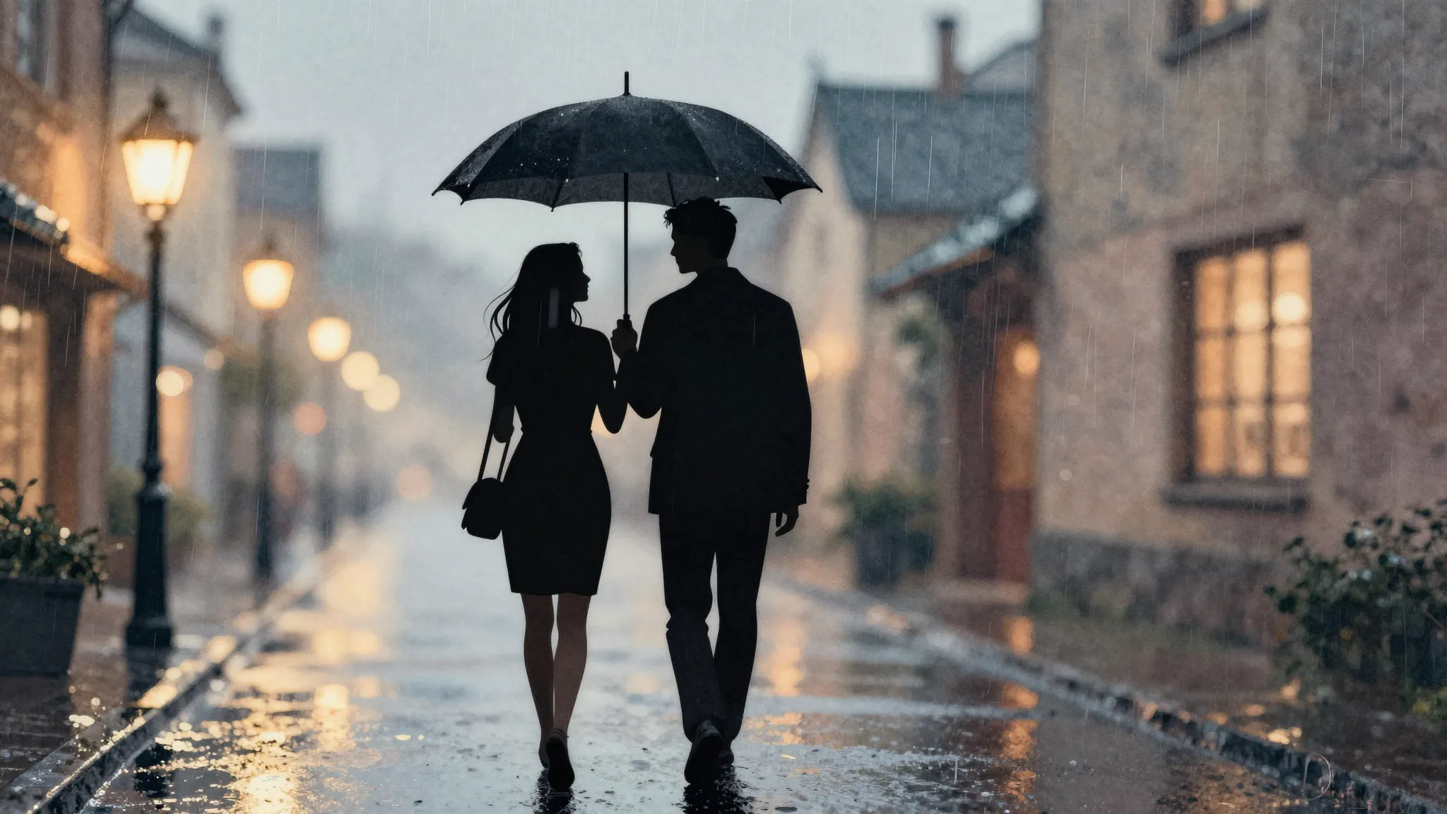 Watercolor style. Silhouette of a couple walking under an um...