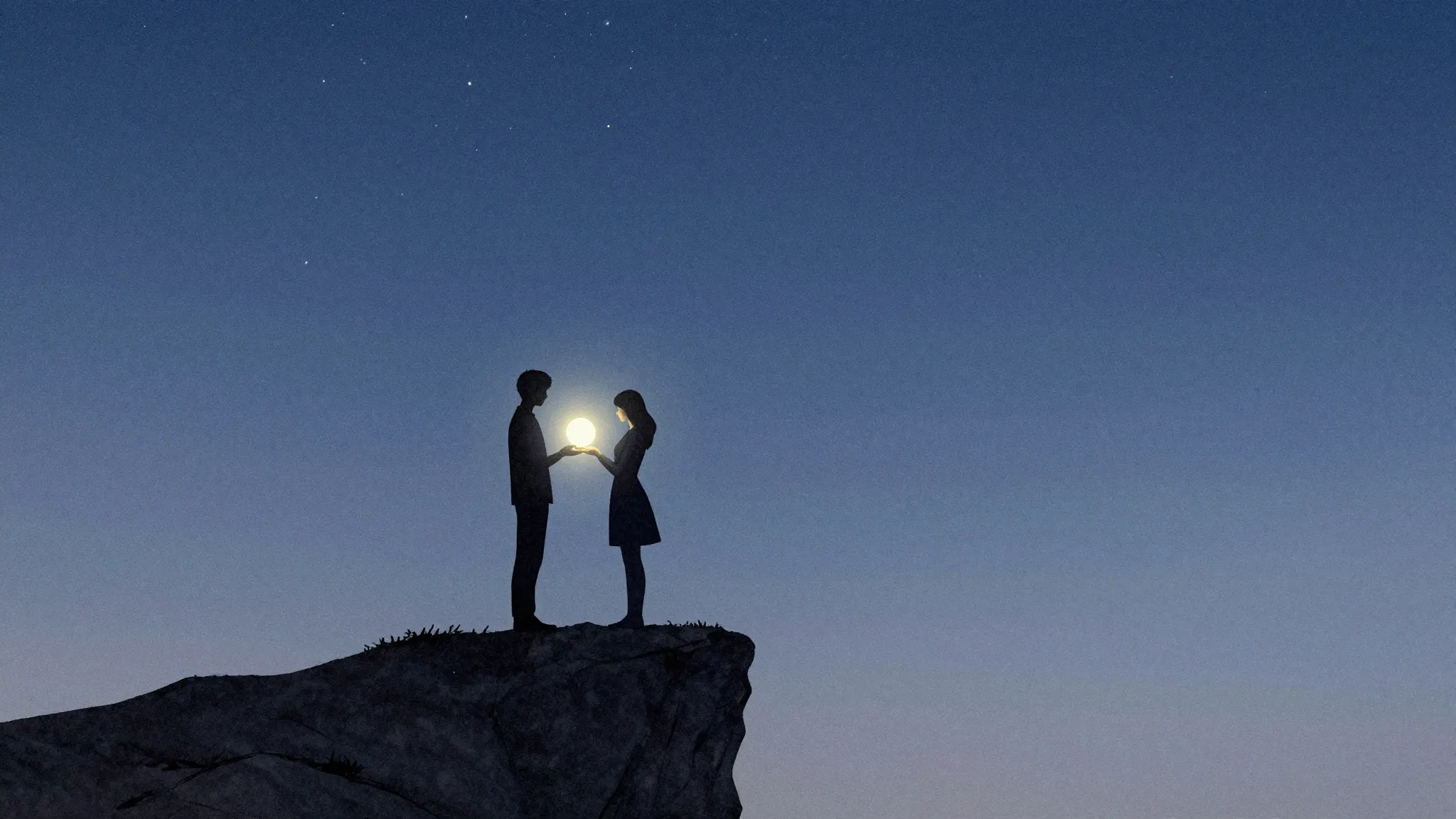 Watercolor style. Two dark silhouettes of lovers standing on...