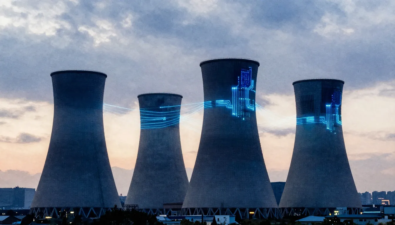 Watercolor style. Silhouette of a modern power plant with gl...