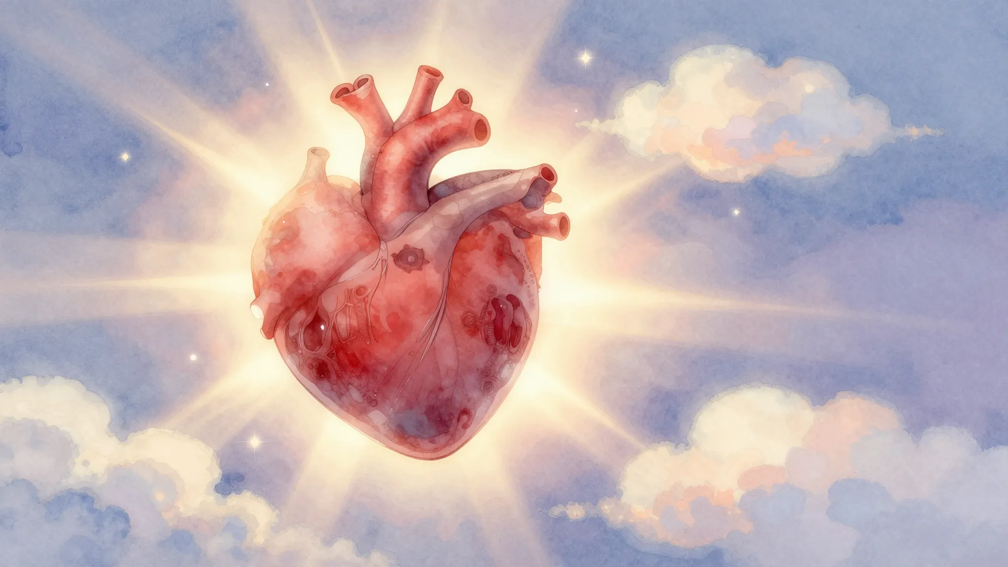 Watercolor style. A warm glowing heart surrounded by soft fl...