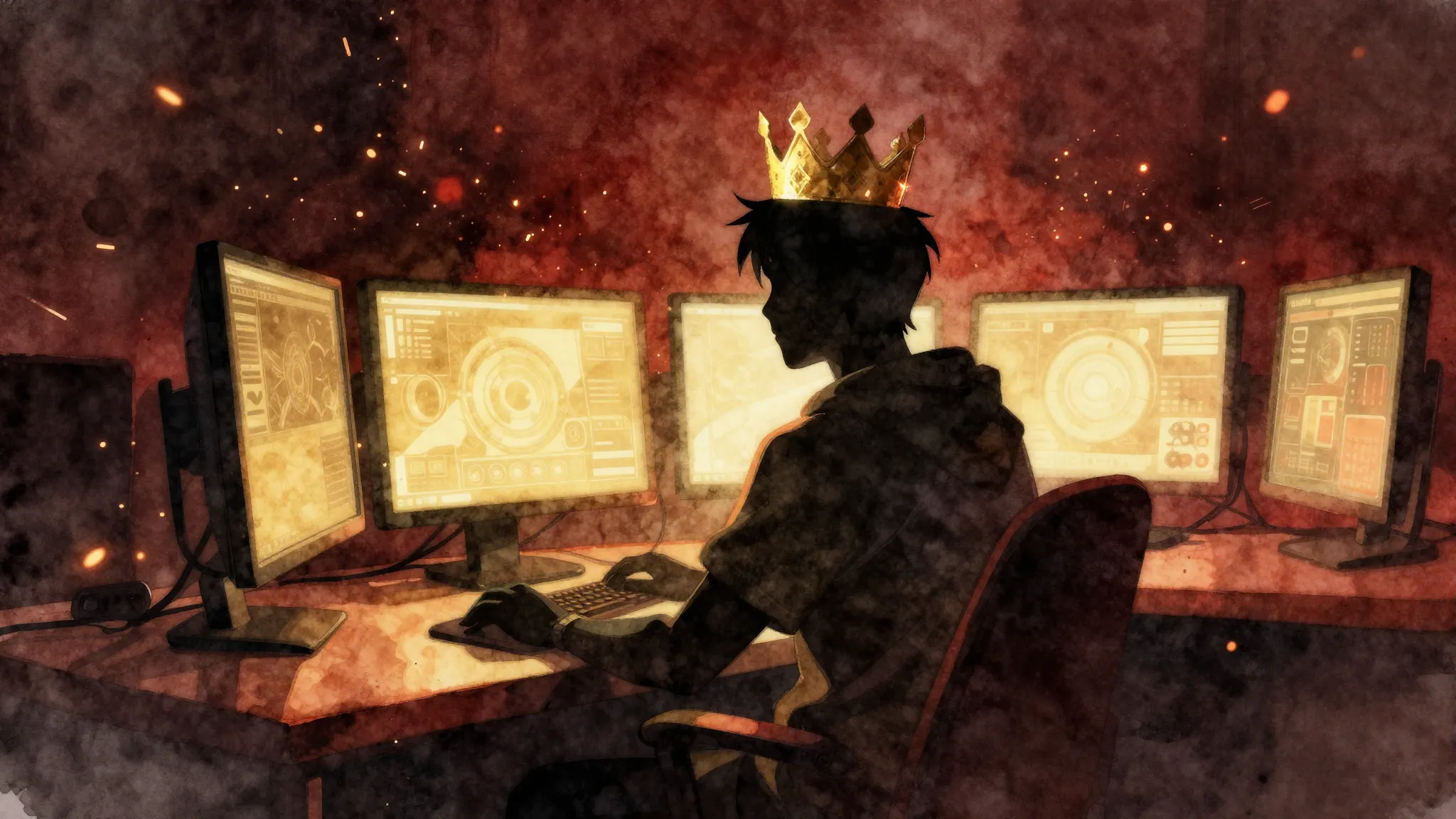 Watercolor style. A silhouette of a gamer wearing a crown, s...