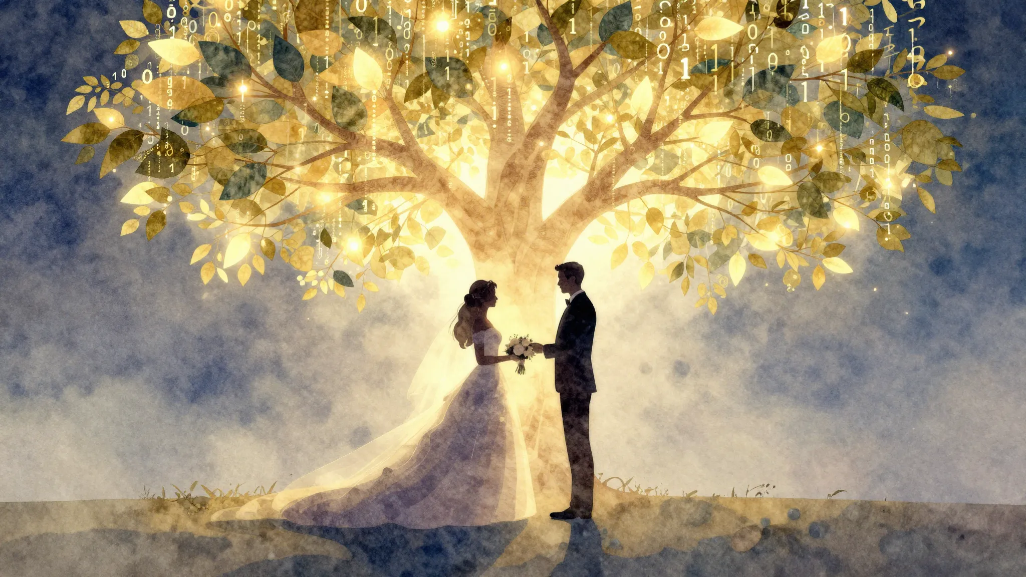 Watercolor style. Two elegant silhouettes of a bride and gro...