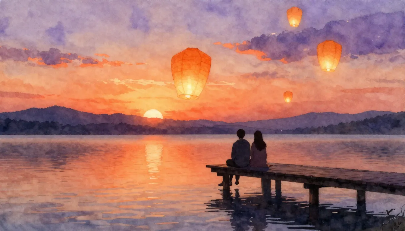 Watercolor style. A romantic sunset over a calm lake, two si...