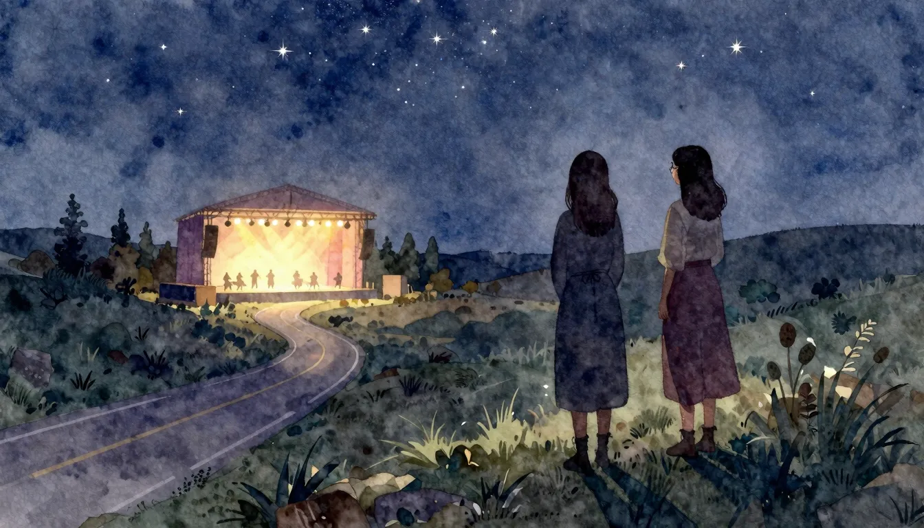 Watercolor style. Two female silhouettes stand on a hill und...