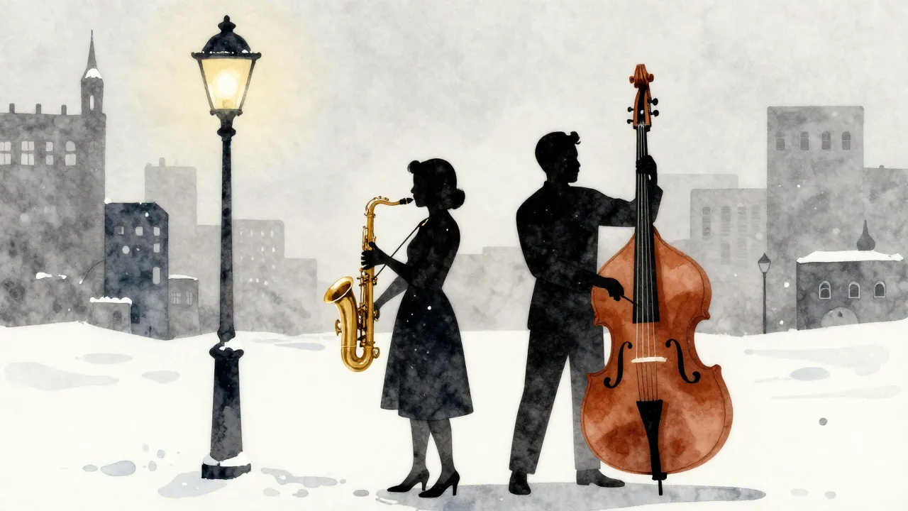 Watercolor style. A silhouette of two students with a saxoph...
