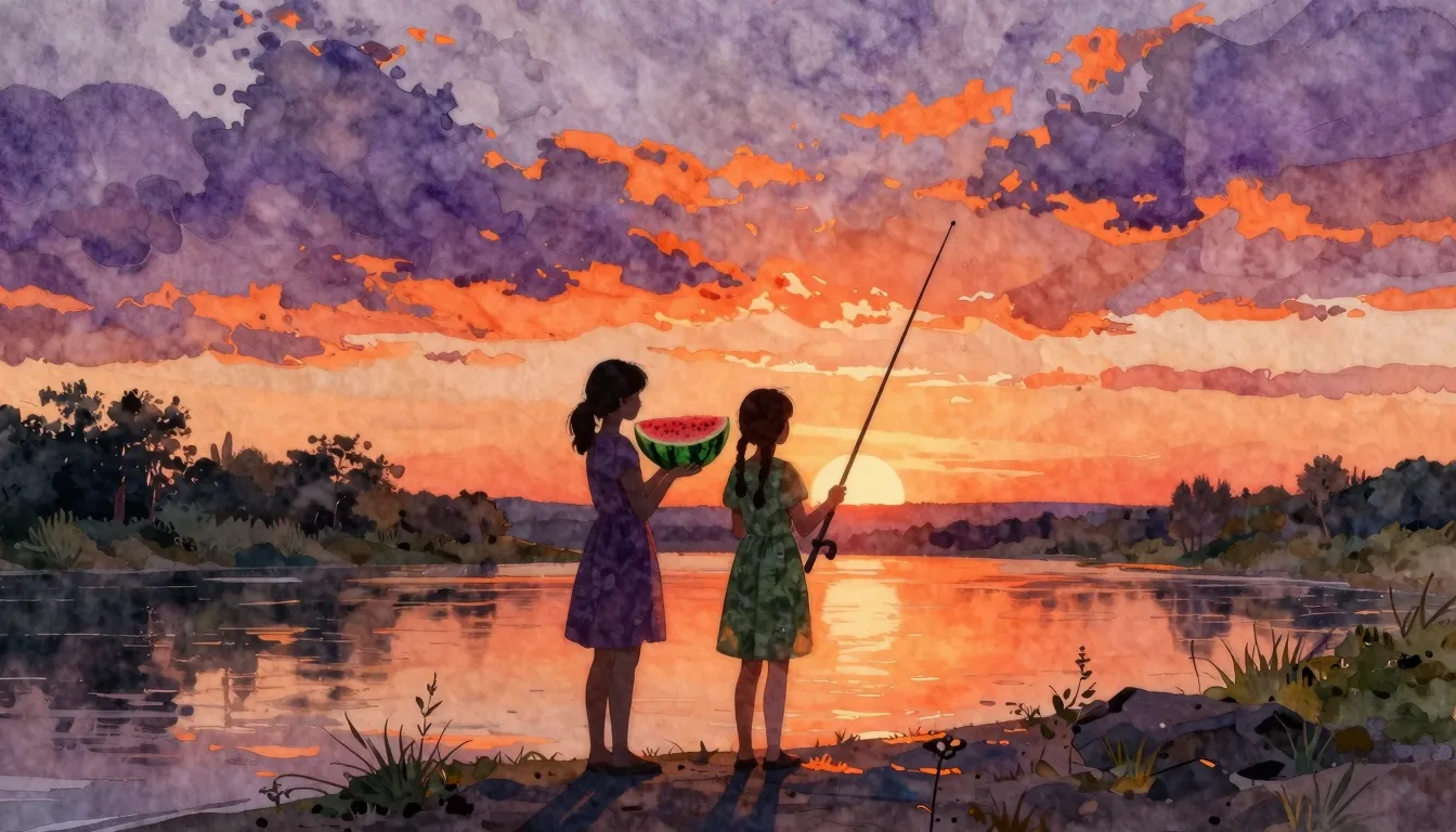 Watercolor style. Silhouettes of two girls standing on a riv...