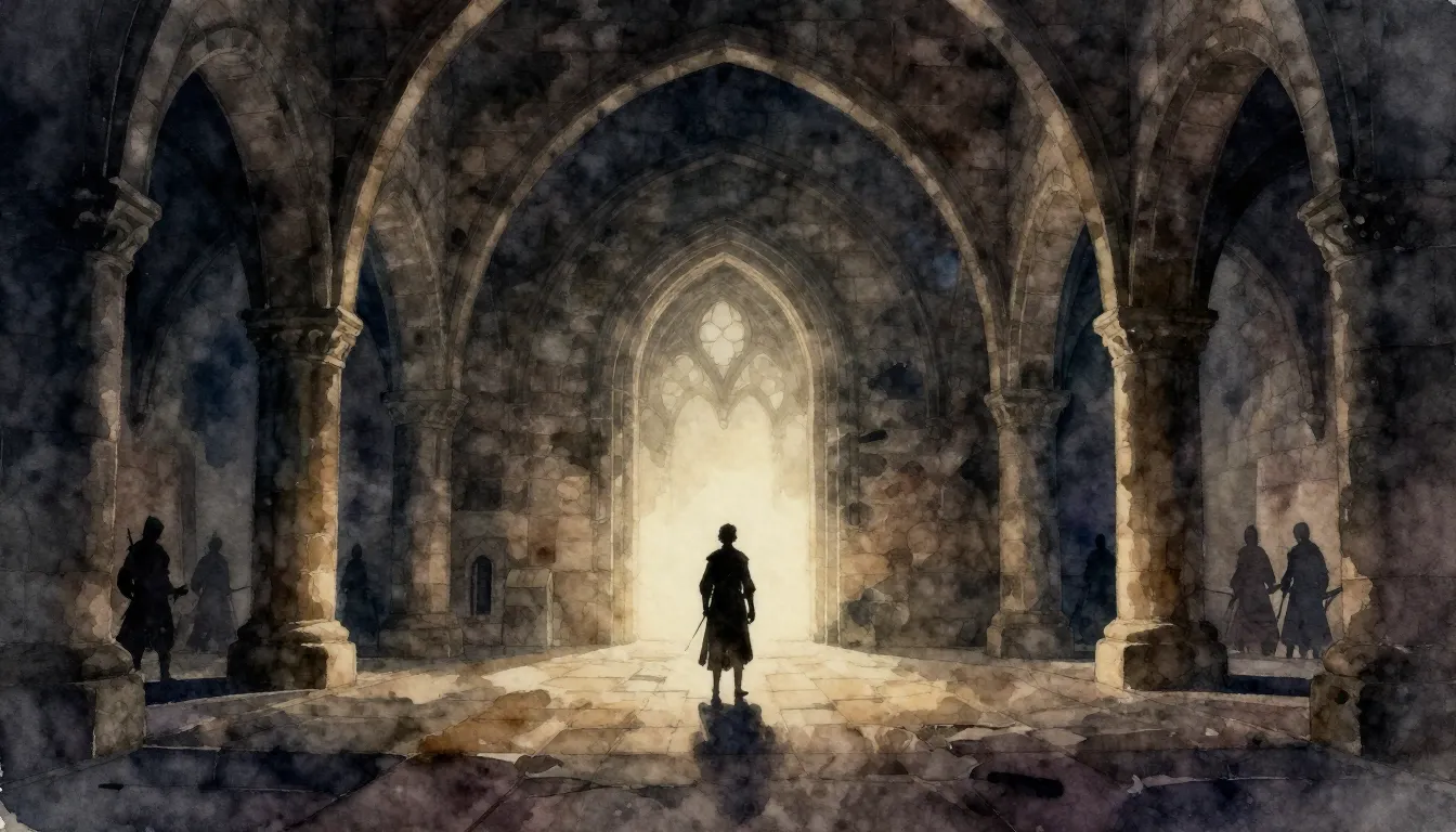 Watercolor style. A dark, vast medieval training hall with h...