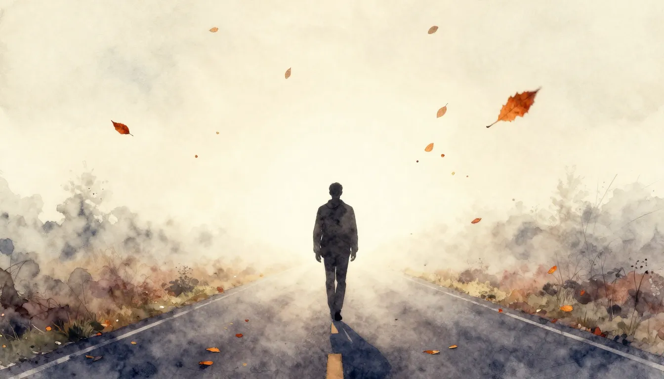 Watercolor style. A lonely silhouette walking on a misty roa...