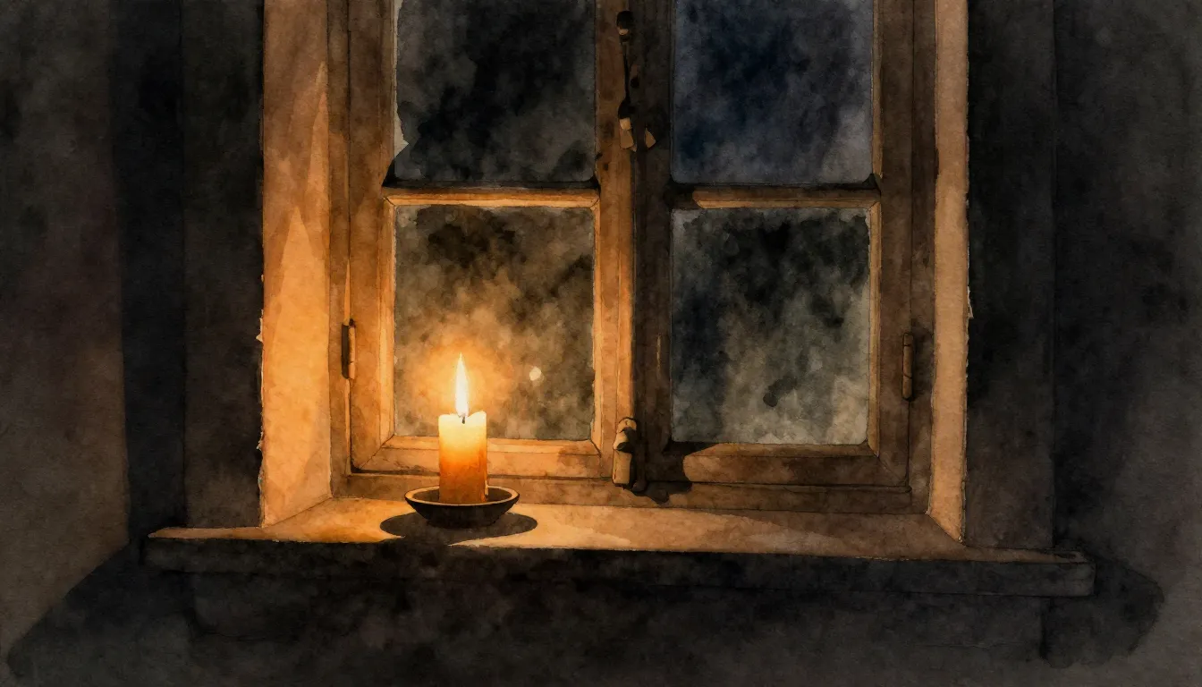 Watercolor style. A dark silhouette of a window frame at nig...