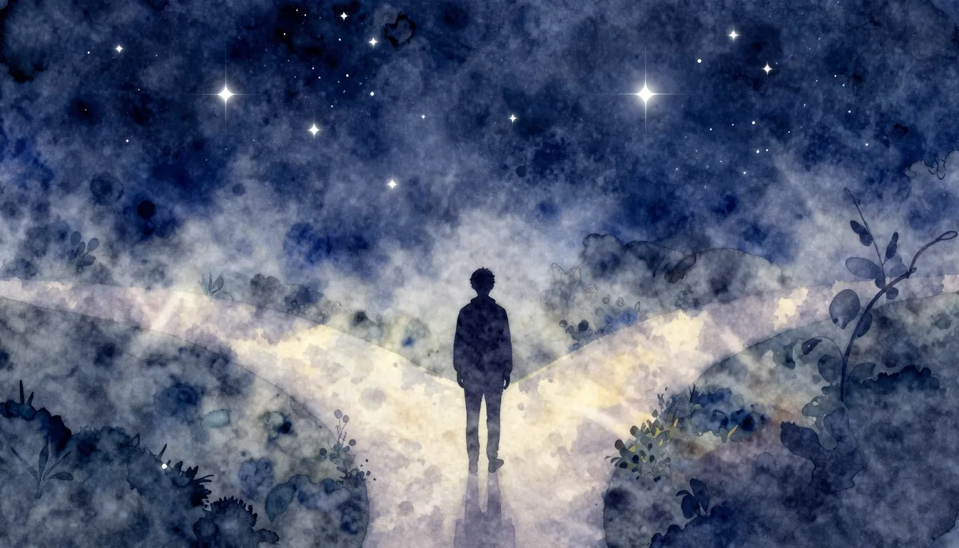 Watercolor style. A silhouette of a person standing at a cro...