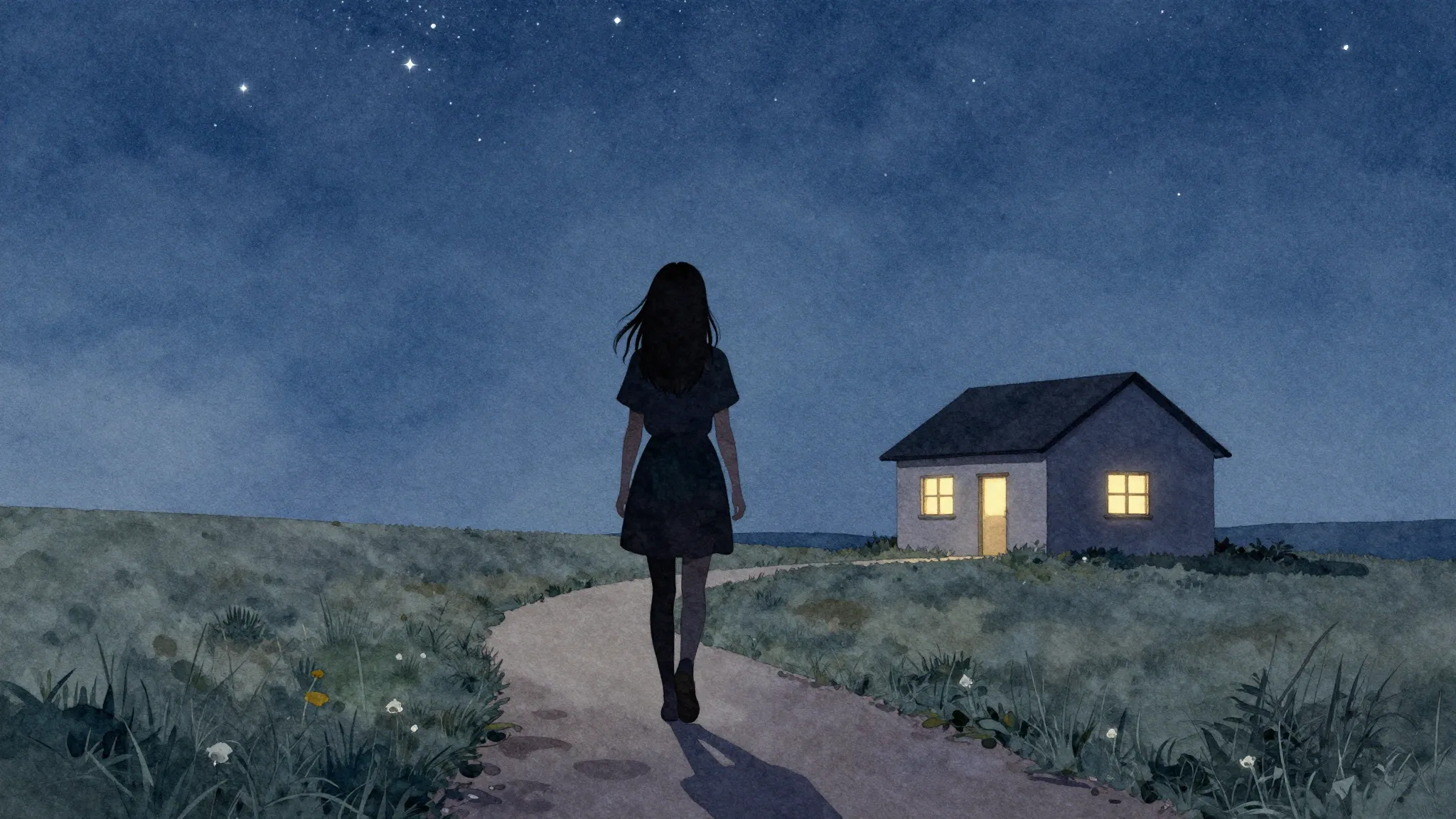 Watercolor style. A silhouette of a girl walking along a pat...