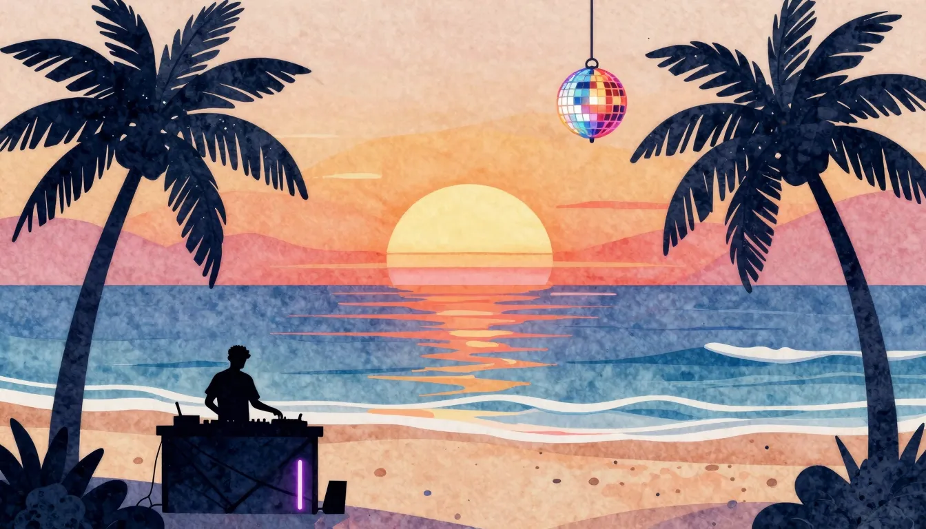 Watercolor style. A vibrant sunset over a tropical beach, si...